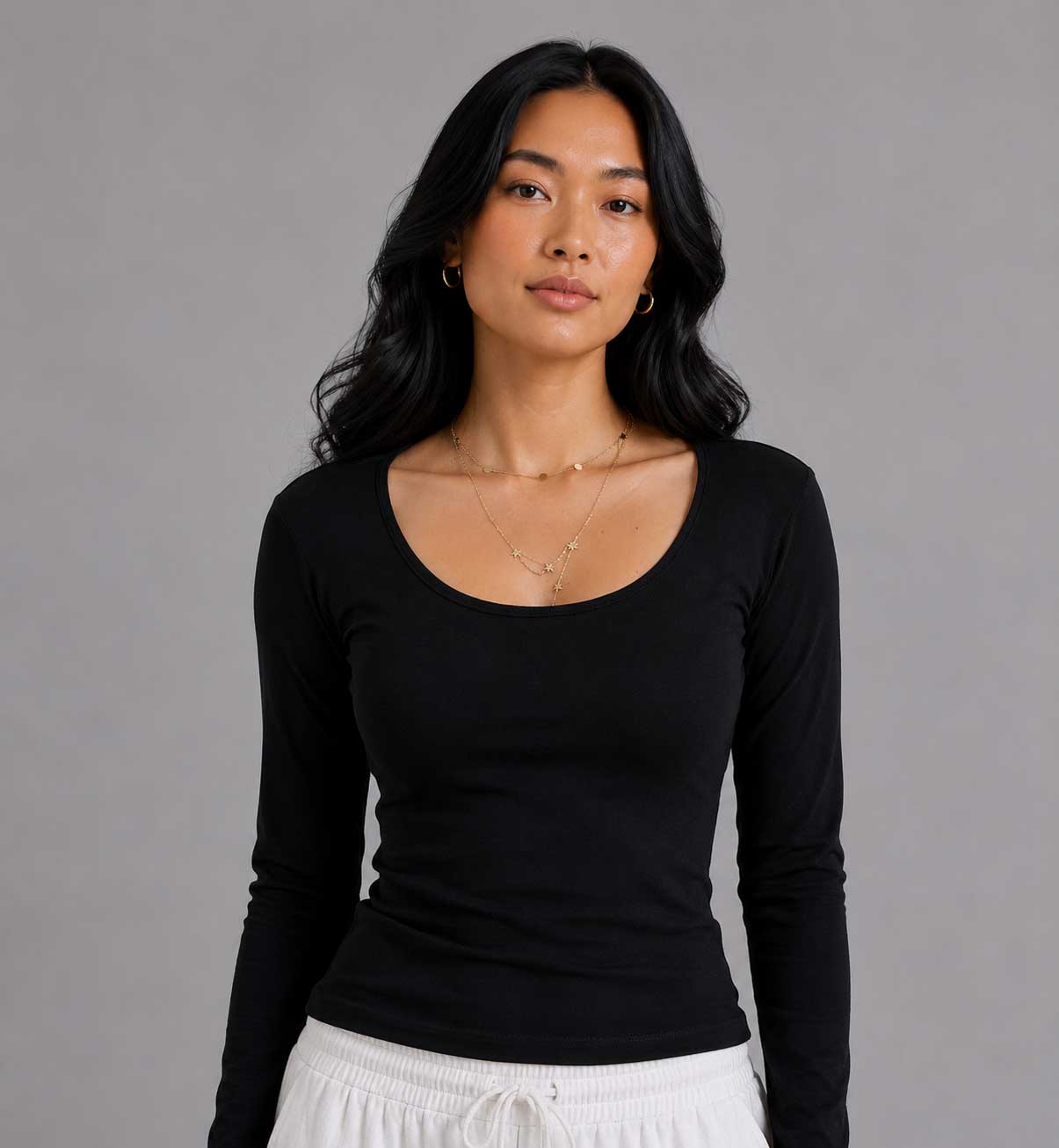 Double-Layer Fitted Long Sleeve U-Neck Top – Black T-shirt CIZARO - Cizaro Jeans