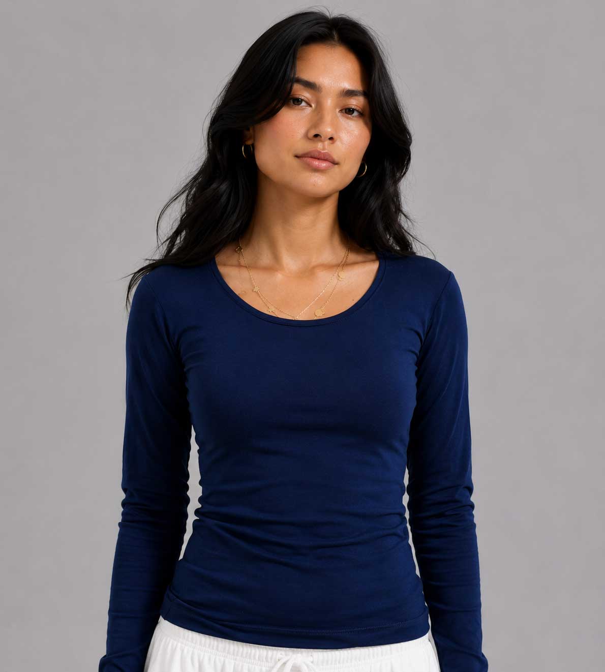 Double-Layer Fitted Long Sleeve U-Neck Top – Navy T-shirt CIZARO - Cizaro Jeans