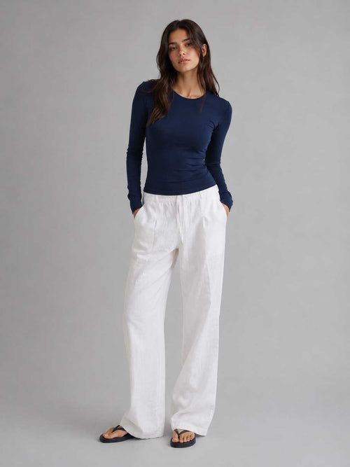 Double-Layer Fitted Long Sleeve Crew Neck Top – Navy