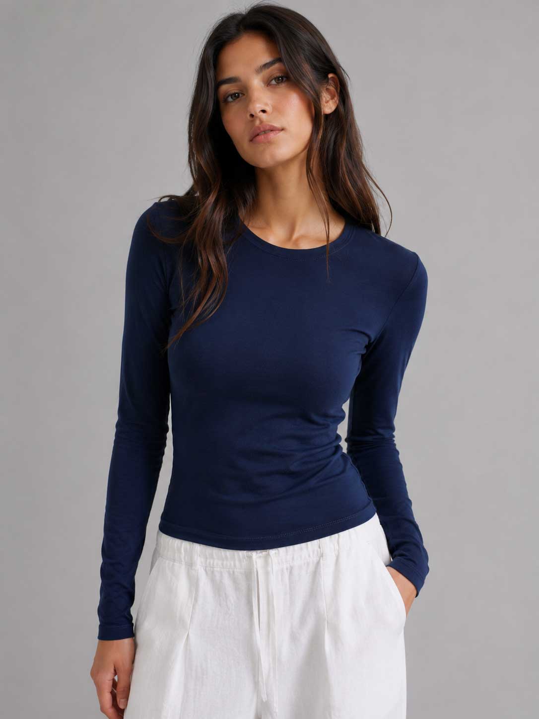 Double-Layer Fitted Long Sleeve Crew Neck Top – Navy Top CIZARO - Cizaro Jeans