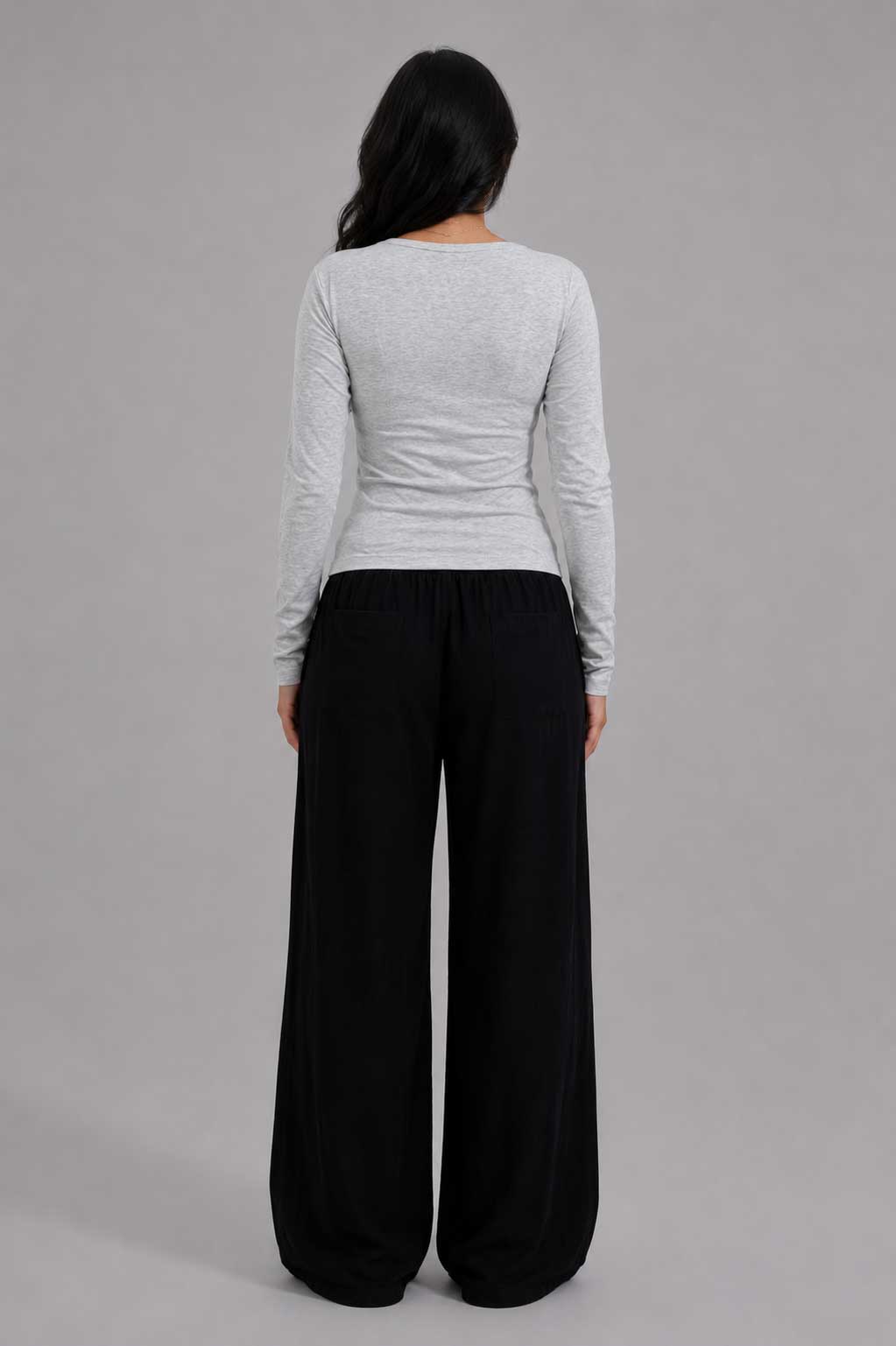 Double-Layer Fitted Long Sleeve U-Neck Top – Gray T-shirt CIZARO - Cizaro Jeans