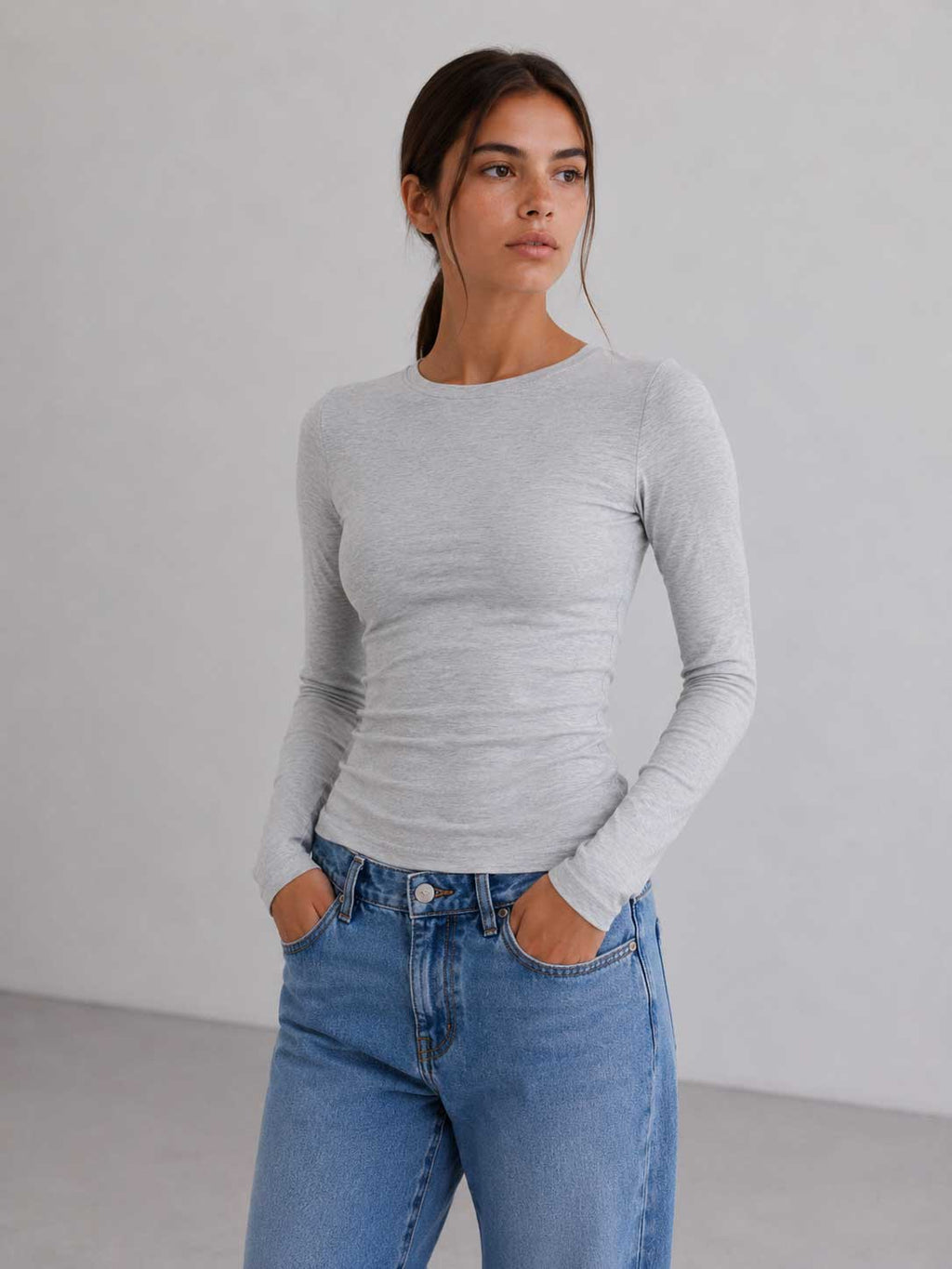 Double-Layer Fitted long Sleeve Crew neck Top _ Gray