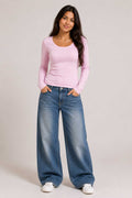Double-Layer Fitted Long Sleeve U-Neck Top – Pink Top CIZARO - Cizaro Jeans