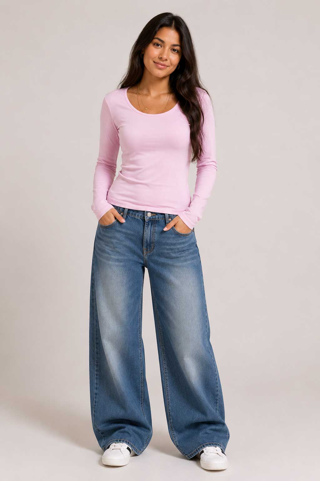 Double-Layer Fitted Long Sleeve U-Neck Top – Pink Top CIZARO - Cizaro Jeans