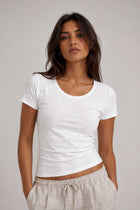 Double-Layer Fitted Short Sleeve U-Neck Top – Pure White