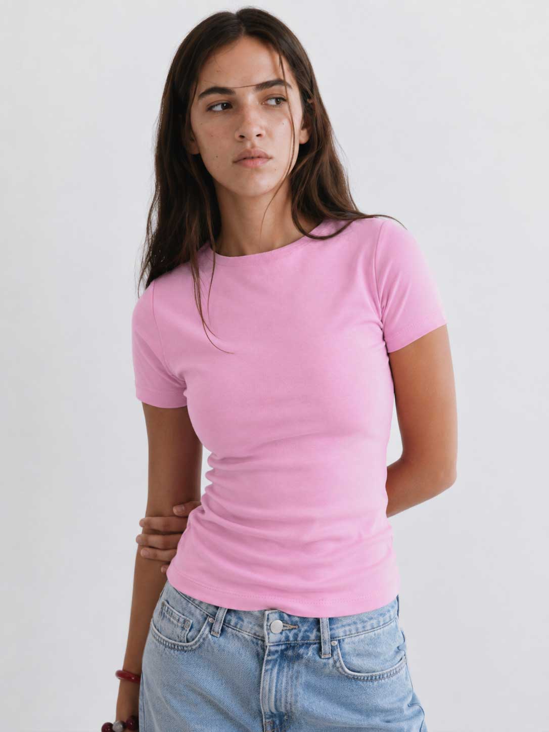 Double-Layer Fitted Short Sleeve Crew-Neck Top – Pink