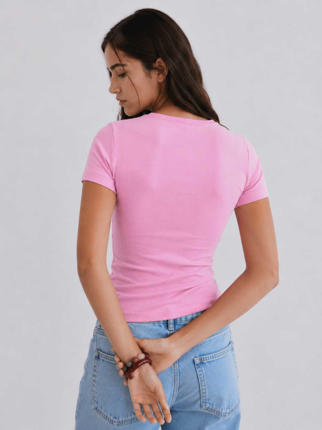 Double-Layer Fitted Short Sleeve Crew-Neck Top – Pink