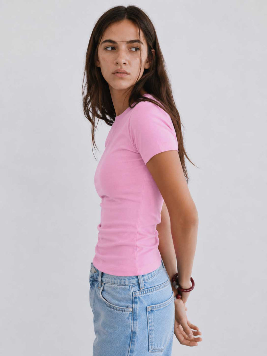Double-Layer Fitted Short Sleeve Crew-Neck Top – Pink