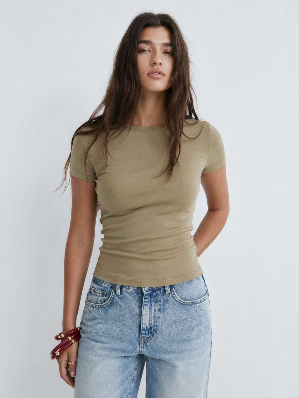 Double-Layer Fitted Short Sleeve Crew-Neck Top – Stone