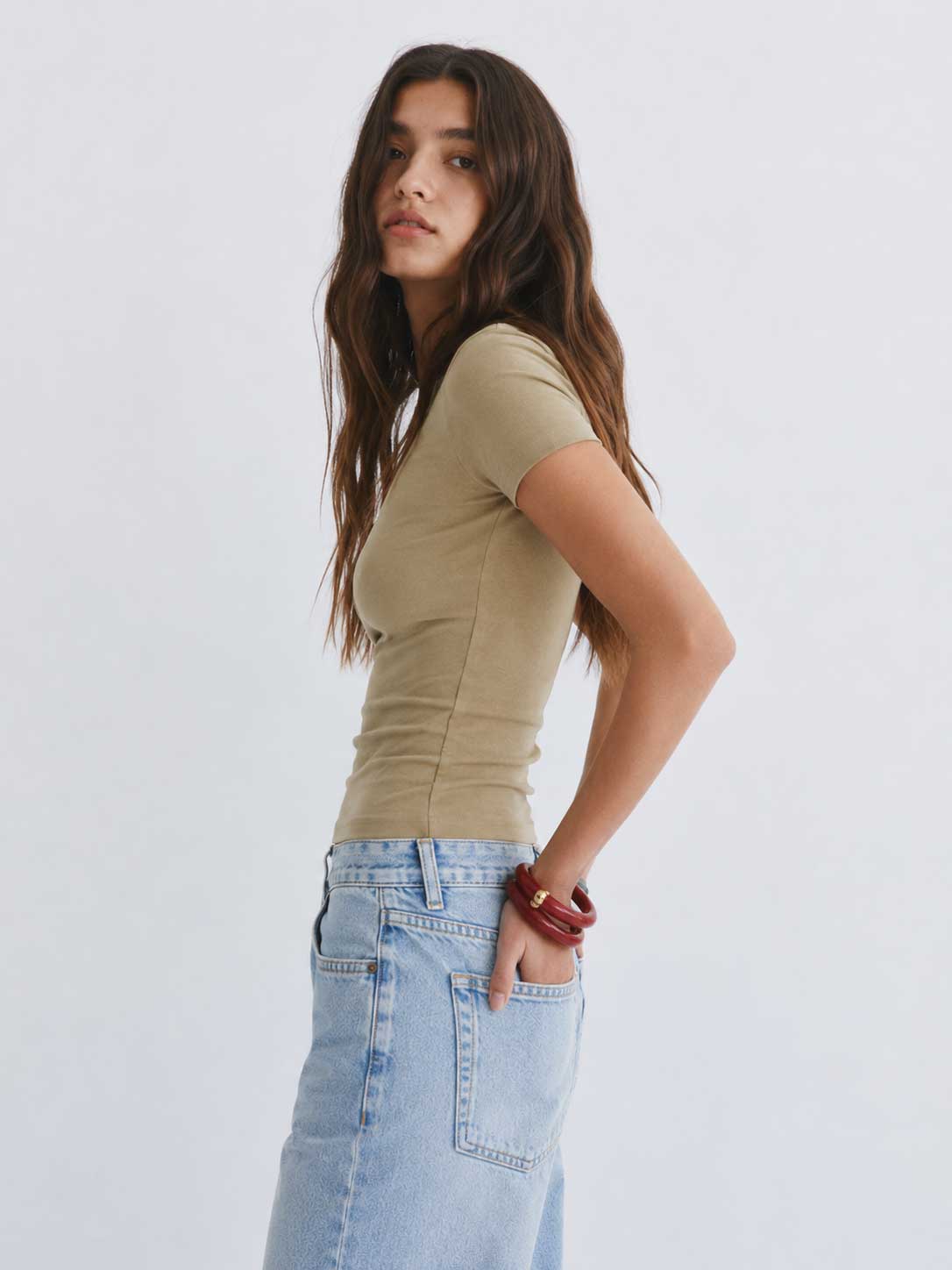 Double-Layer Fitted Short Sleeve Crew-Neck Top – Stone