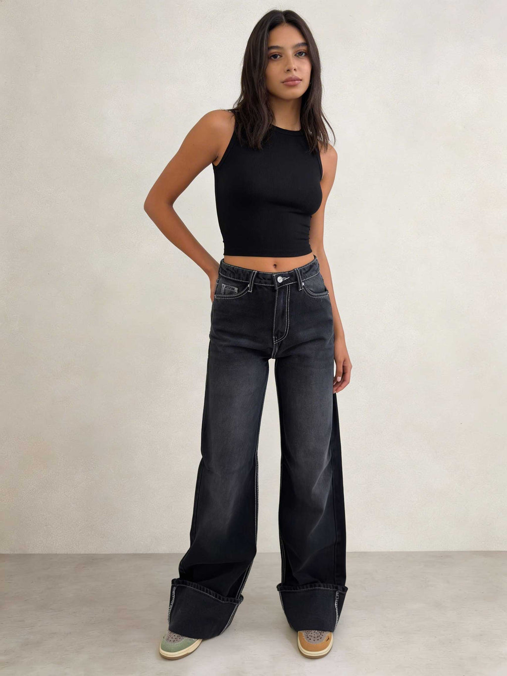Baggy – High-Waist Black Raw Denim Jeans Baggy CIZARO - Cizaro Jeans