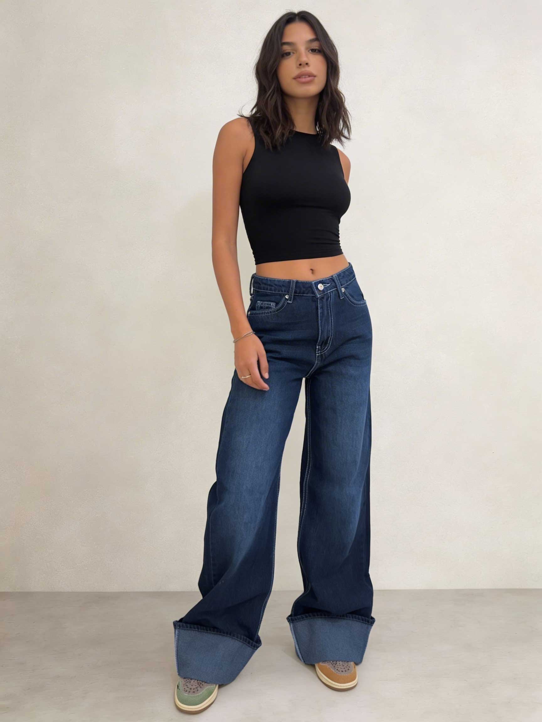 Baggy – High-Waist Folded Navy Blue Jeans