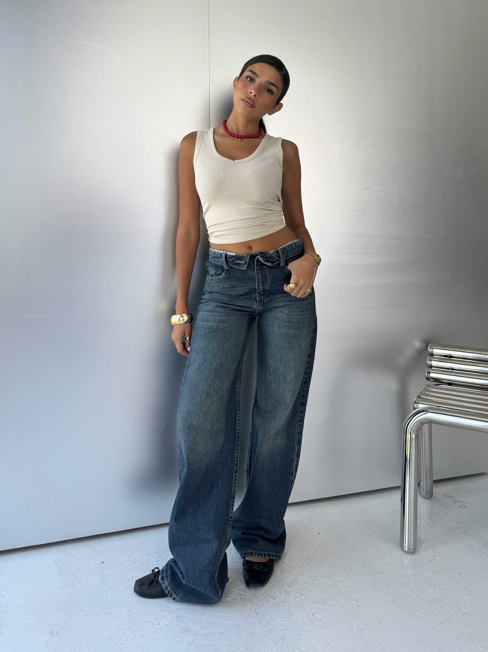Folded Waistband Baggy – Low-Waist Dark Vintage Green Jeans