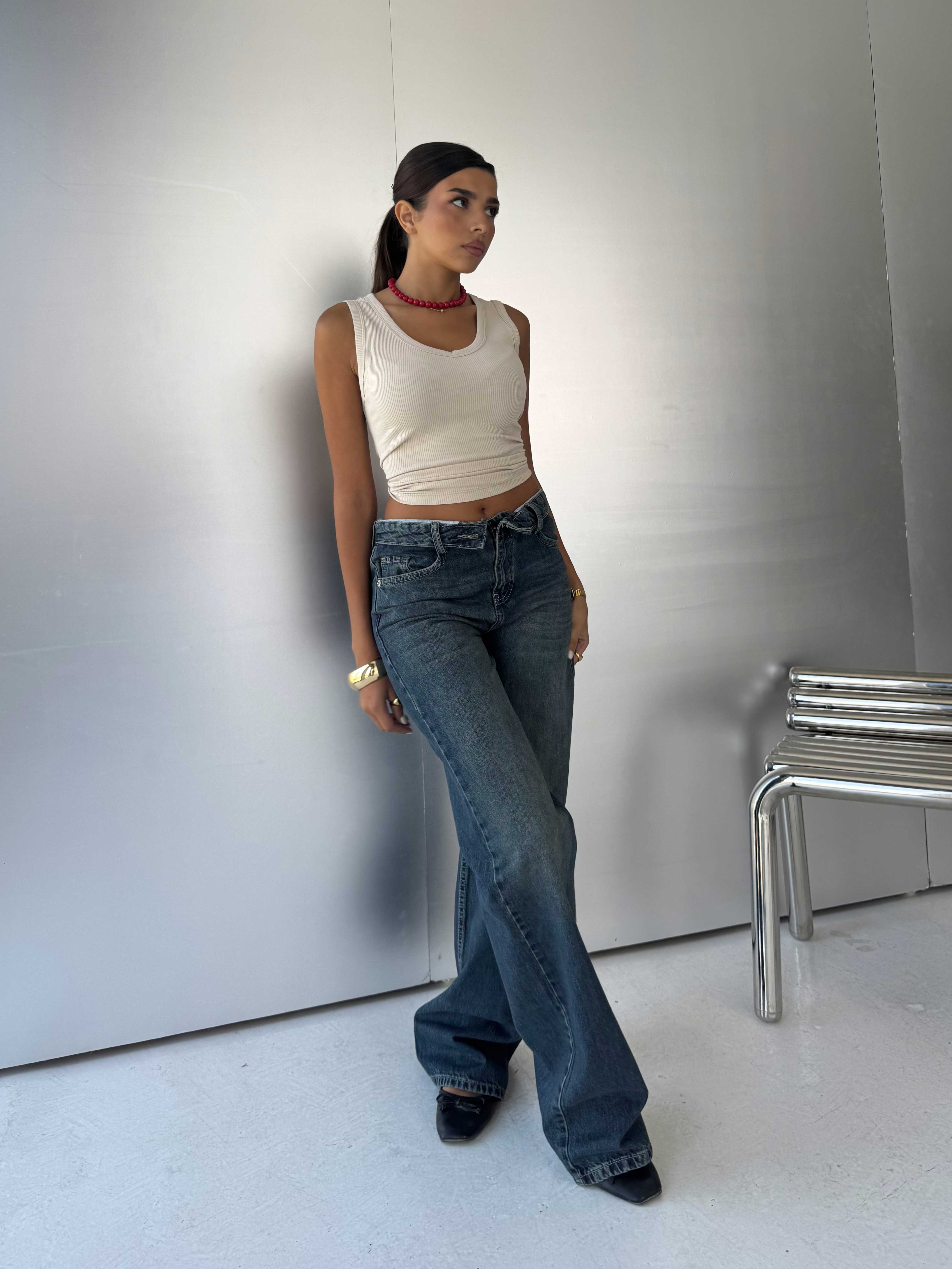 Folded Waistband Baggy – Low-Waist Dark Vintage Green Jeans Baggy CIZARO - Cizaro Jeans