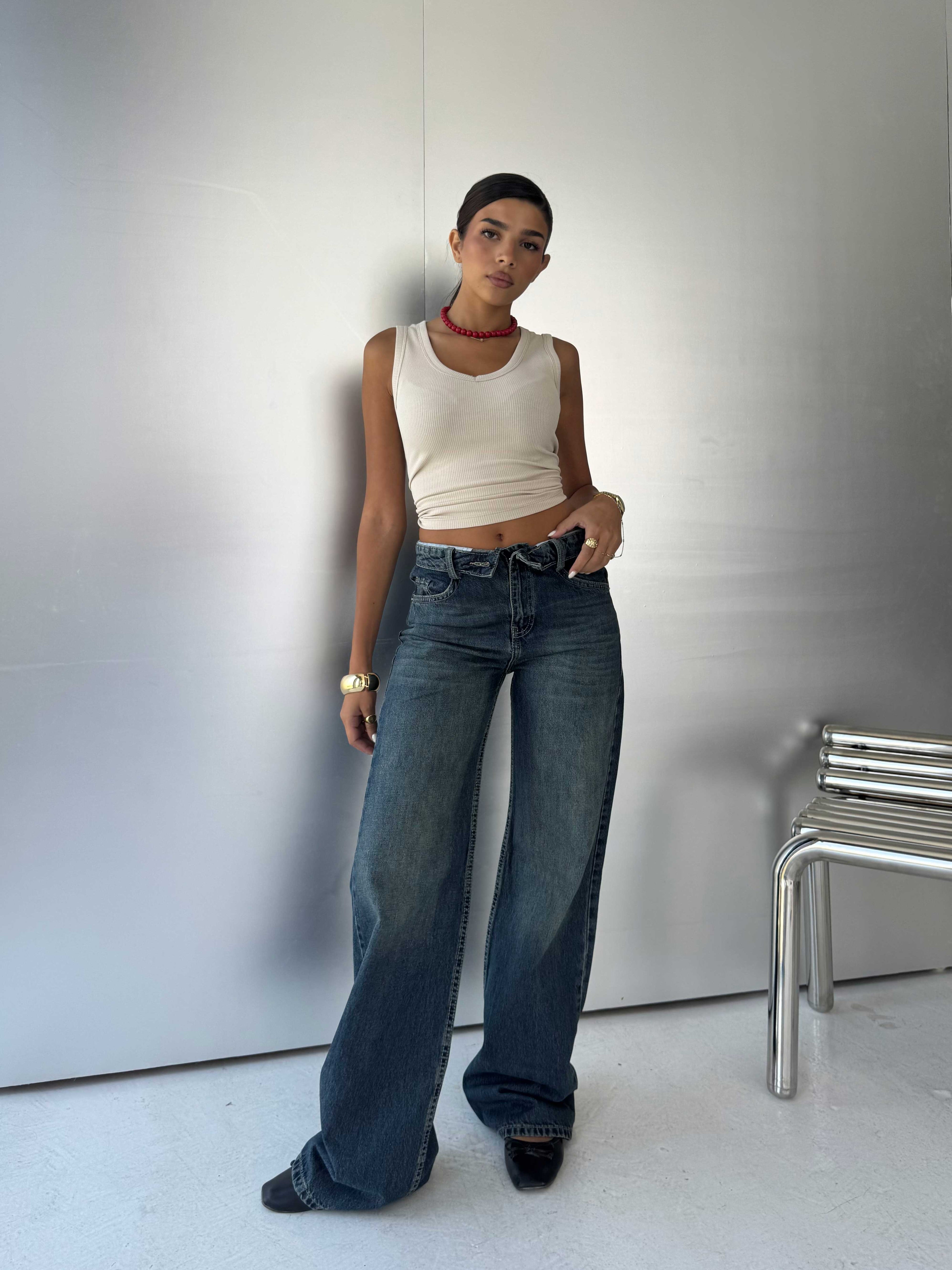 Folded Waistband Baggy – Low-Waist Dark Vintage Green Jeans Baggy CIZARO - Cizaro Jeans