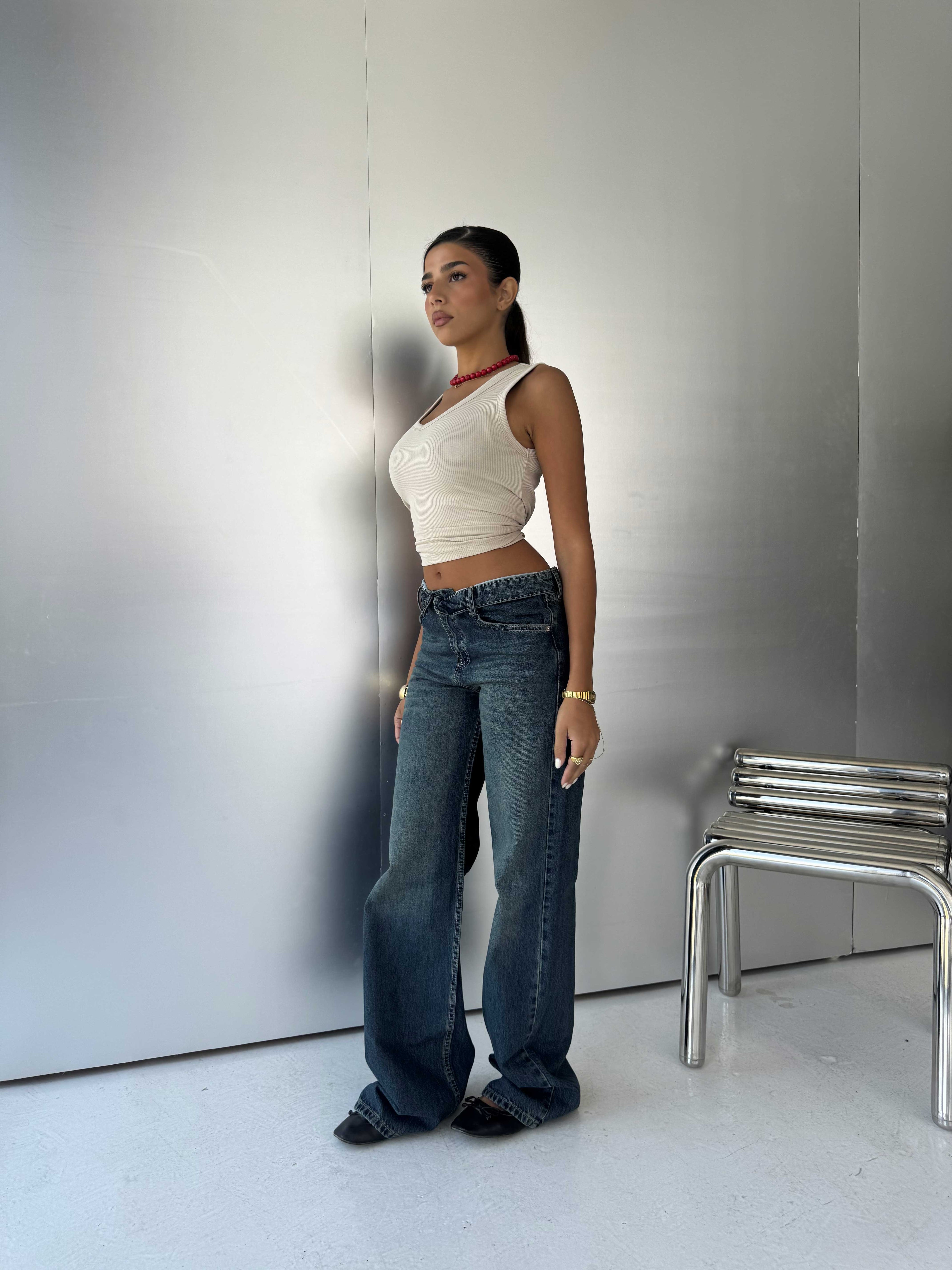 Folded Waistband Baggy – Low-Waist Dark Vintage Green Jeans Baggy CIZARO - Cizaro Jeans