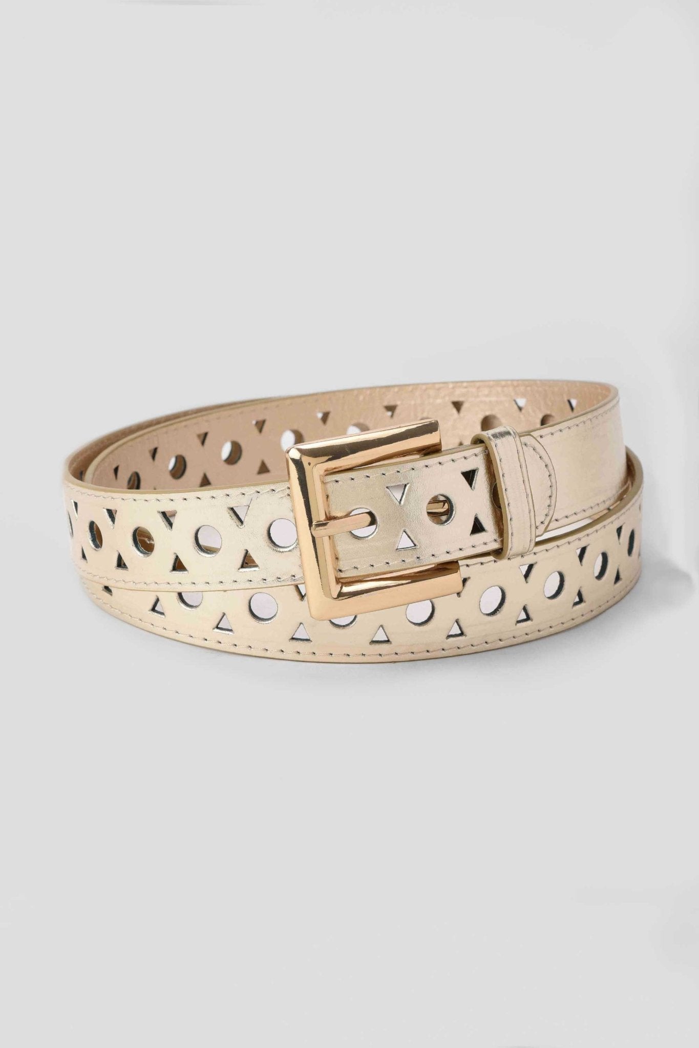 Belt | The Cutout Chic Belt – Metallic Beige Faux Leather Medium with Gold Buckle Belt - Acc CZBELT - Cizaro Jeans
