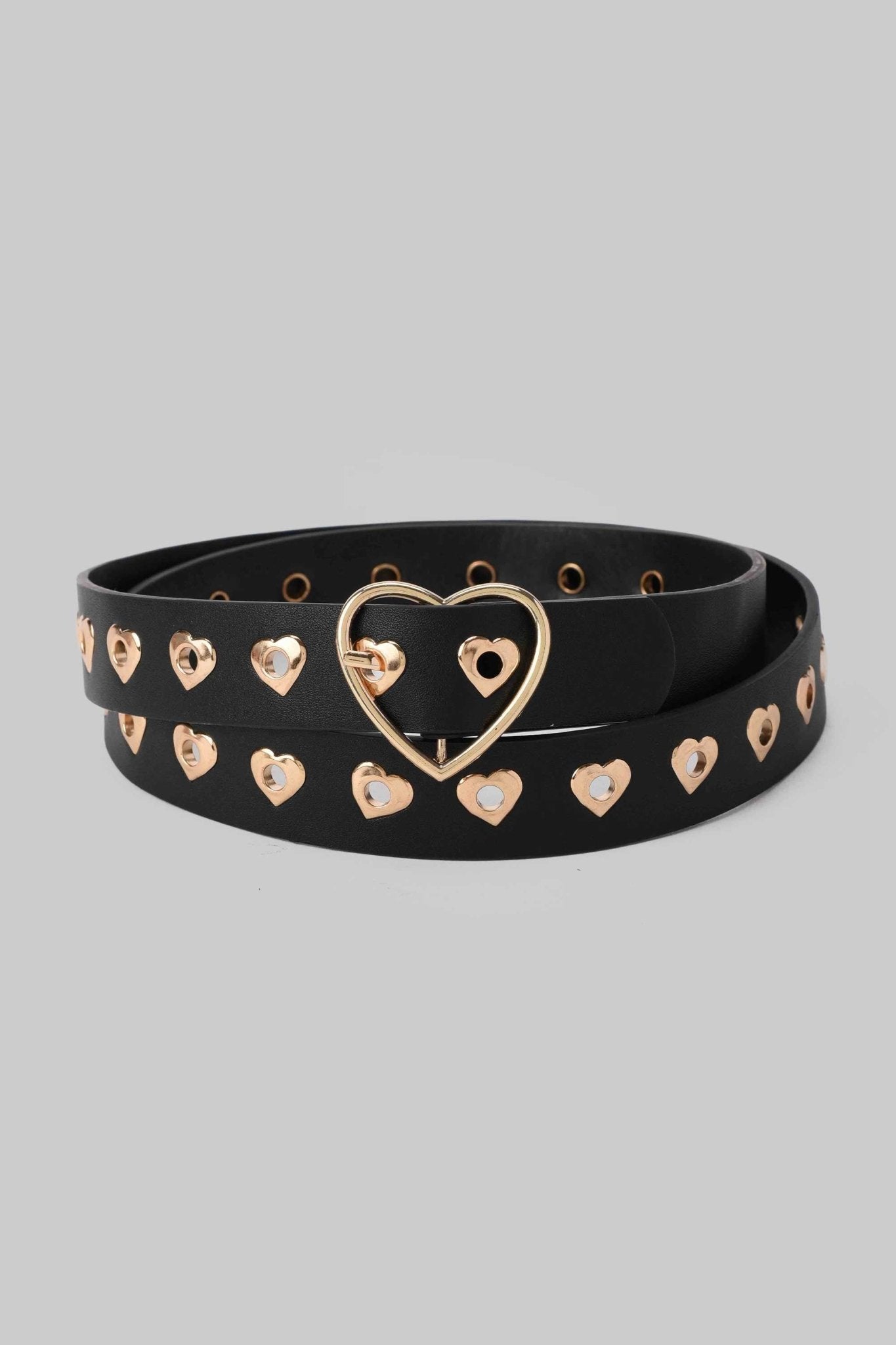 Belt | The Heartbeat Belt – Black Faux Leather Slim with Gold Heart Buckle Belt - Acc CZBELT - Cizaro Jeans