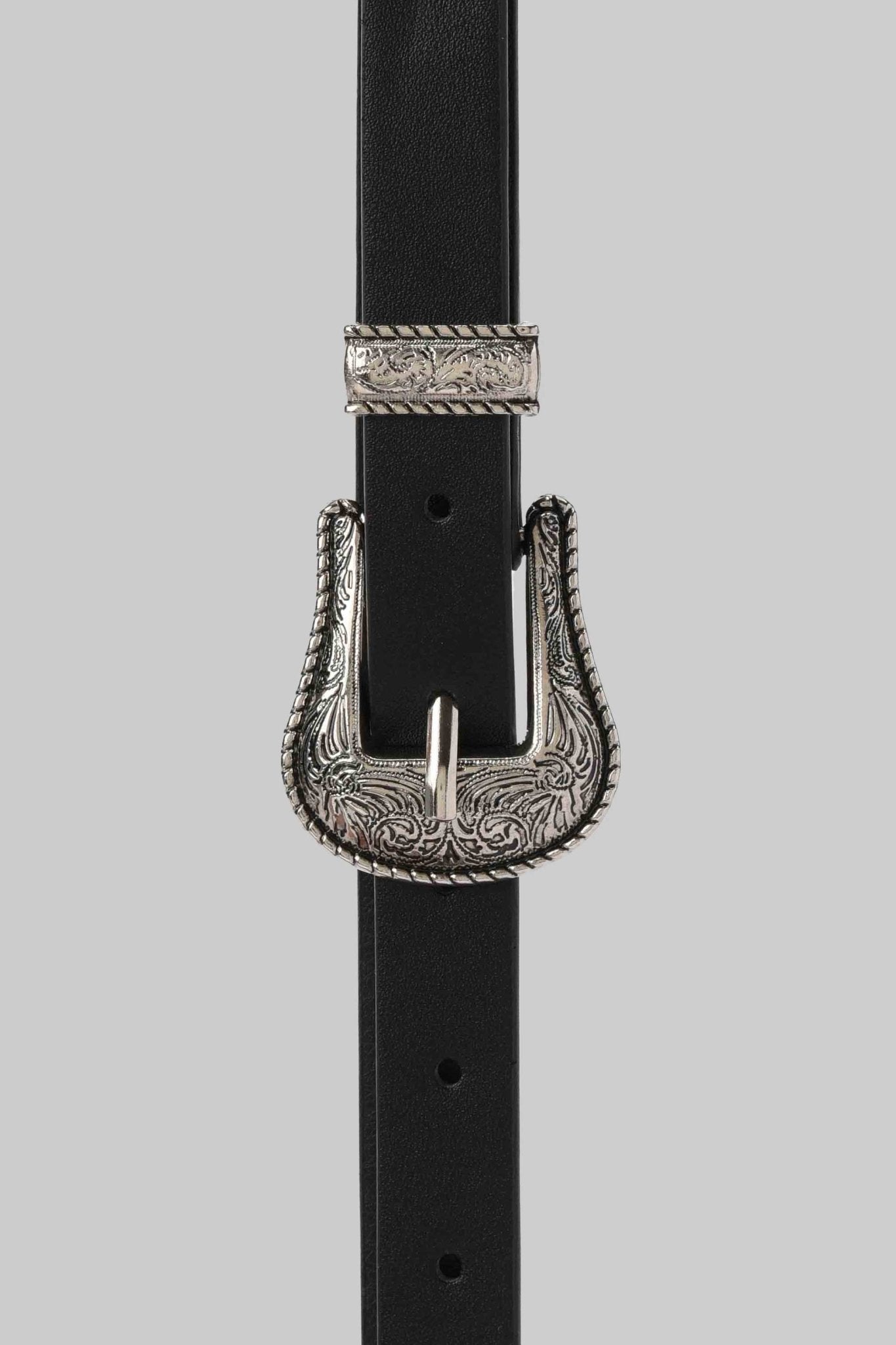 Belt | The Black Mesa Belt– Black Faux Leather Medium with Engraved Silver Buckle Belt - Acc CZBELT - Cizaro Jeans