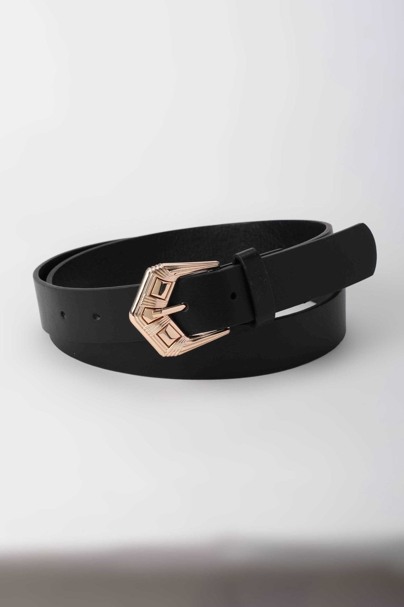 Belt | The Deco Buckle Belt – Black Faux Leather Medium with Rose Gold Detail Belt - Acc CZBELT - Cizaro Jeans