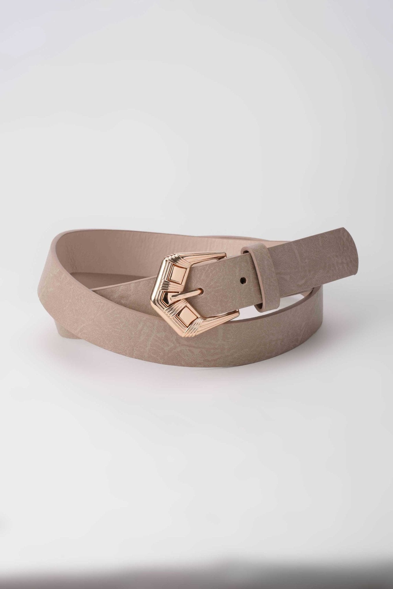 Belt | The Deco Buckle Belt – Taupe Faux Leather Medium with Rose Gold Detail Belt - Acc CZBELT - Cizaro Jeans