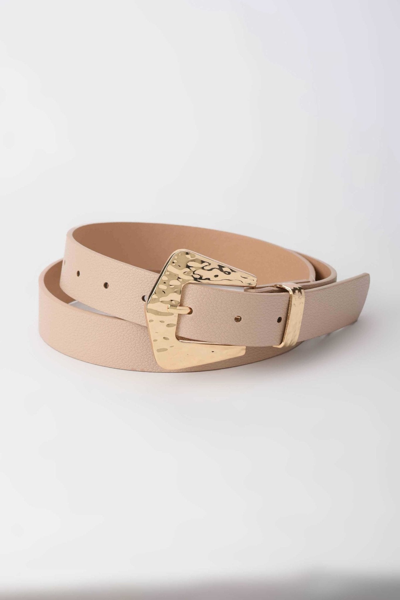 Belt | The Soft Glimmer Belt – Nude Faux Leather Medium with Hammered Gold Buckle Belt - Acc CZBELT - Cizaro Jeans
