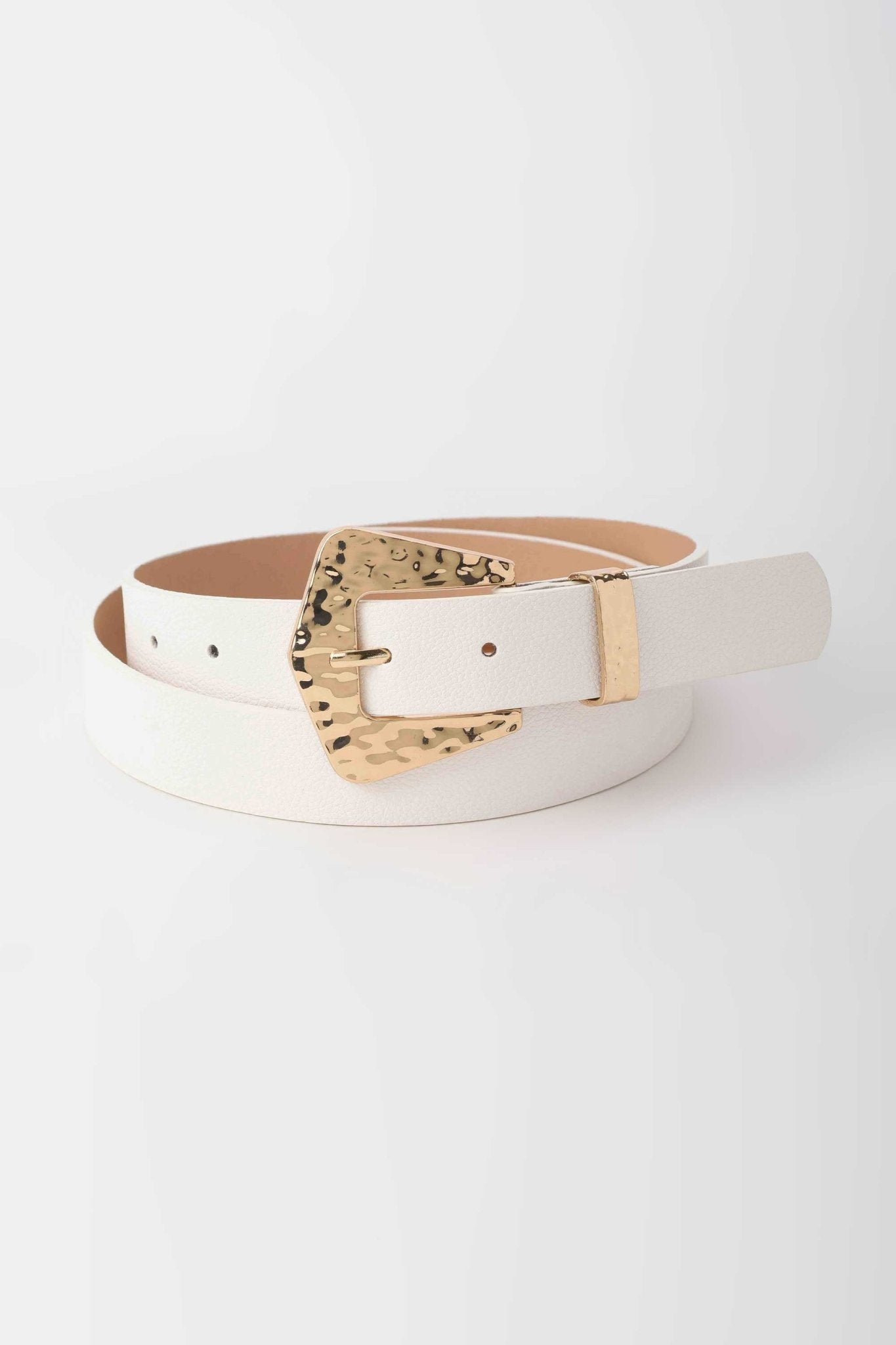 Belt | The Molten Buckle Belt – White Faux Leather Medium with Hammered Gold Detail Belt - Acc CZBELT - Cizaro Jeans