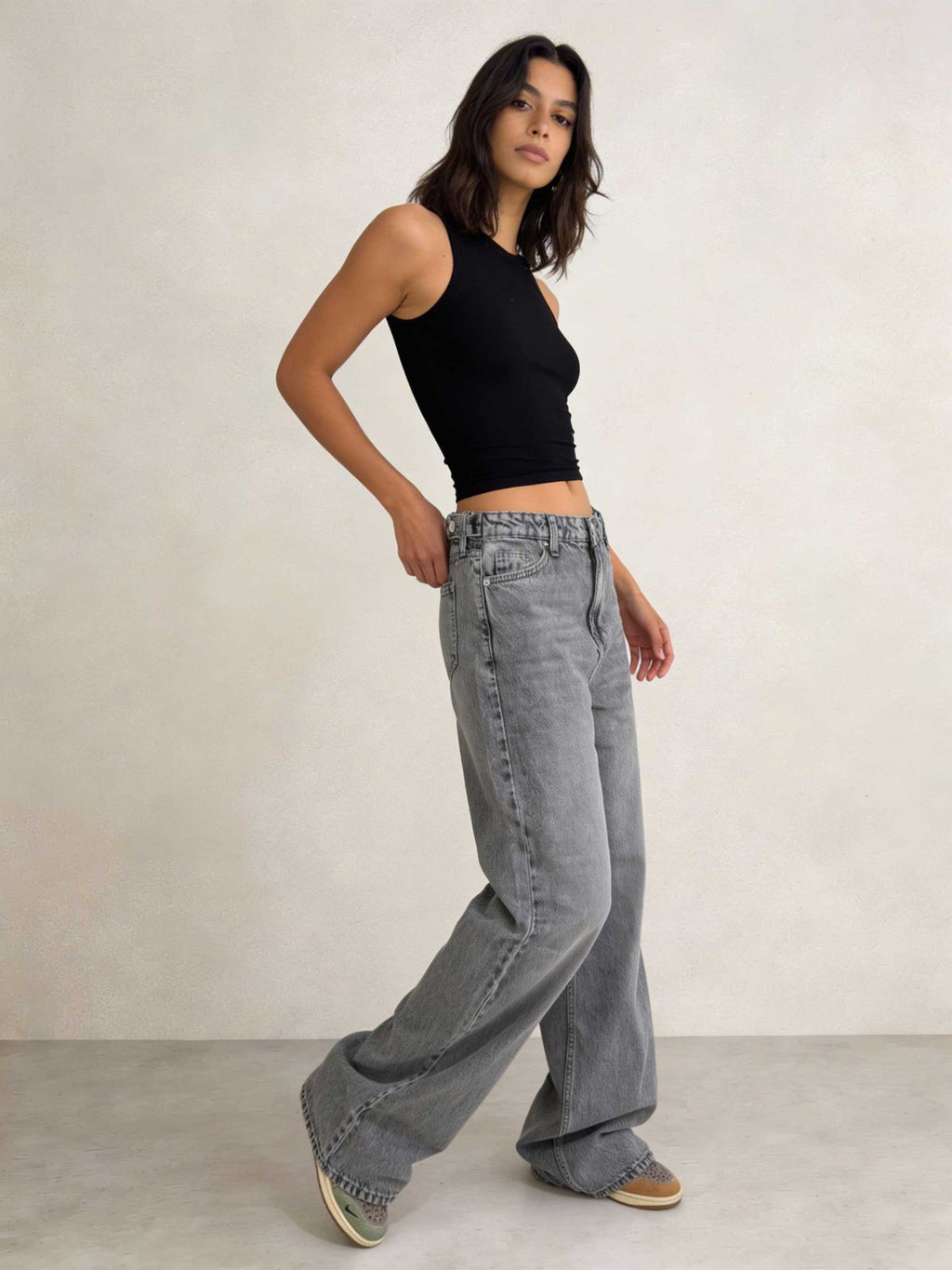 Baggy – High-Waist Flex-Waist Mid Acid Washed Grey Jeans Baggy CIZARO - Cizaro Jeans