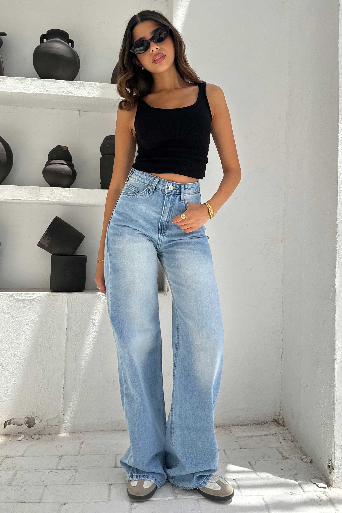 Flex Waist | Baggy - High-Waist Iced Acid Washed Azure Jeans Baggy - Flex Waist CIZARO - Cizaro Jeans
