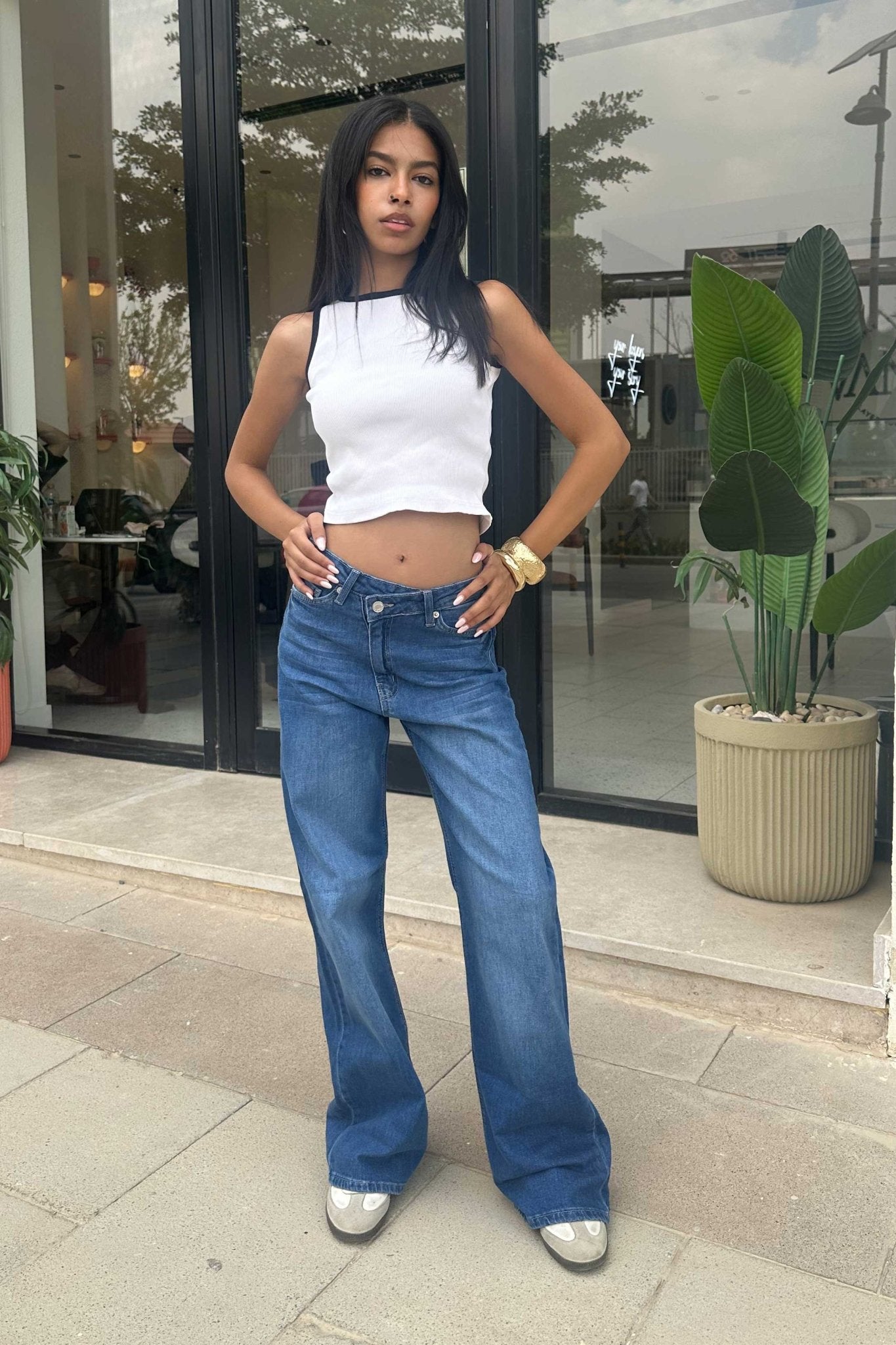 Cross Over High-Waist Medium Blue Wide Leg Jeans Baggy CIZARO - Cizaro Jeans