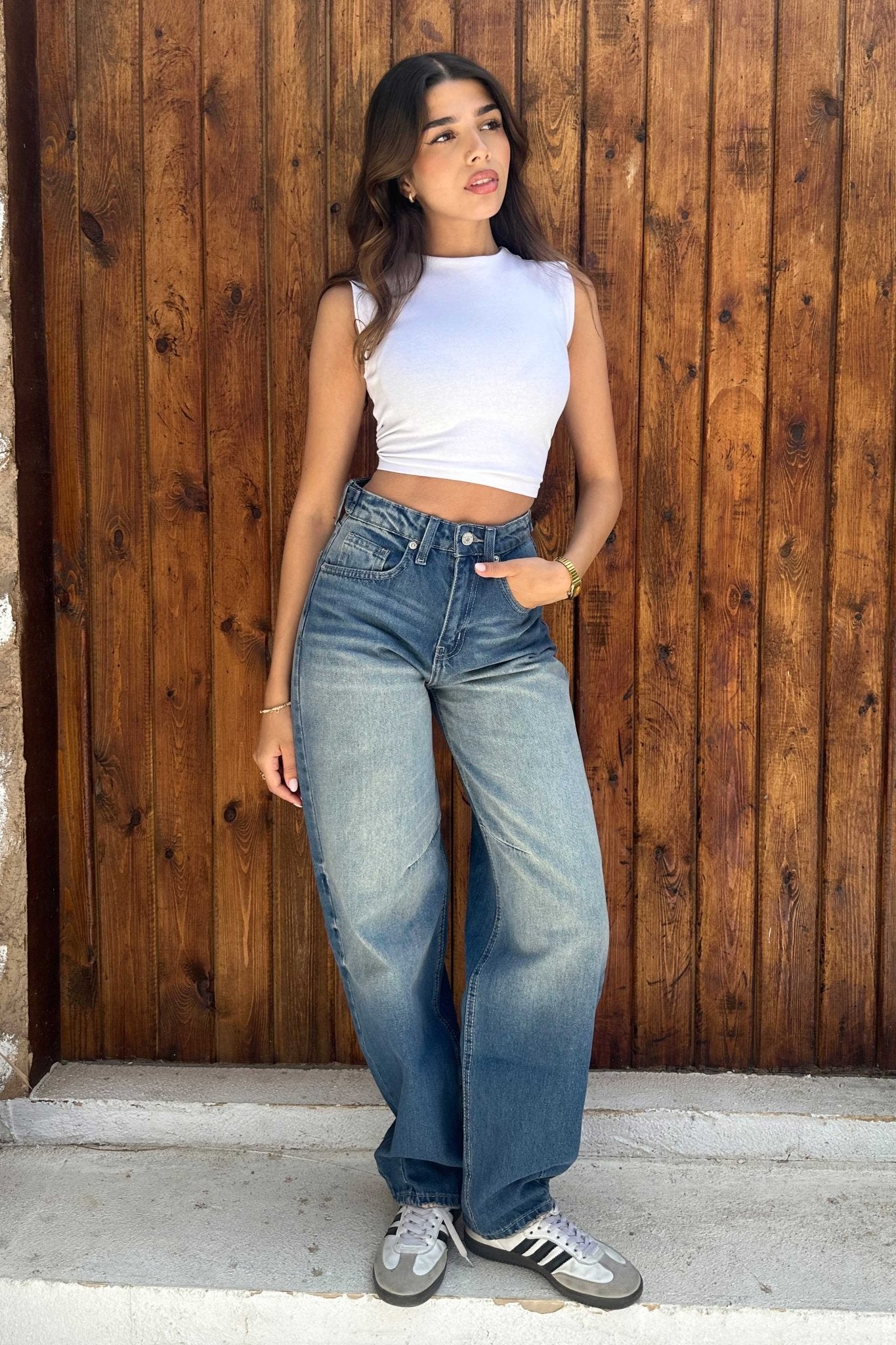 Flex Waist | Barrel - High-Waist Washed Ocean Blue Barrel Jeans Mom-Fit CIZARO - Cizaro Jeans