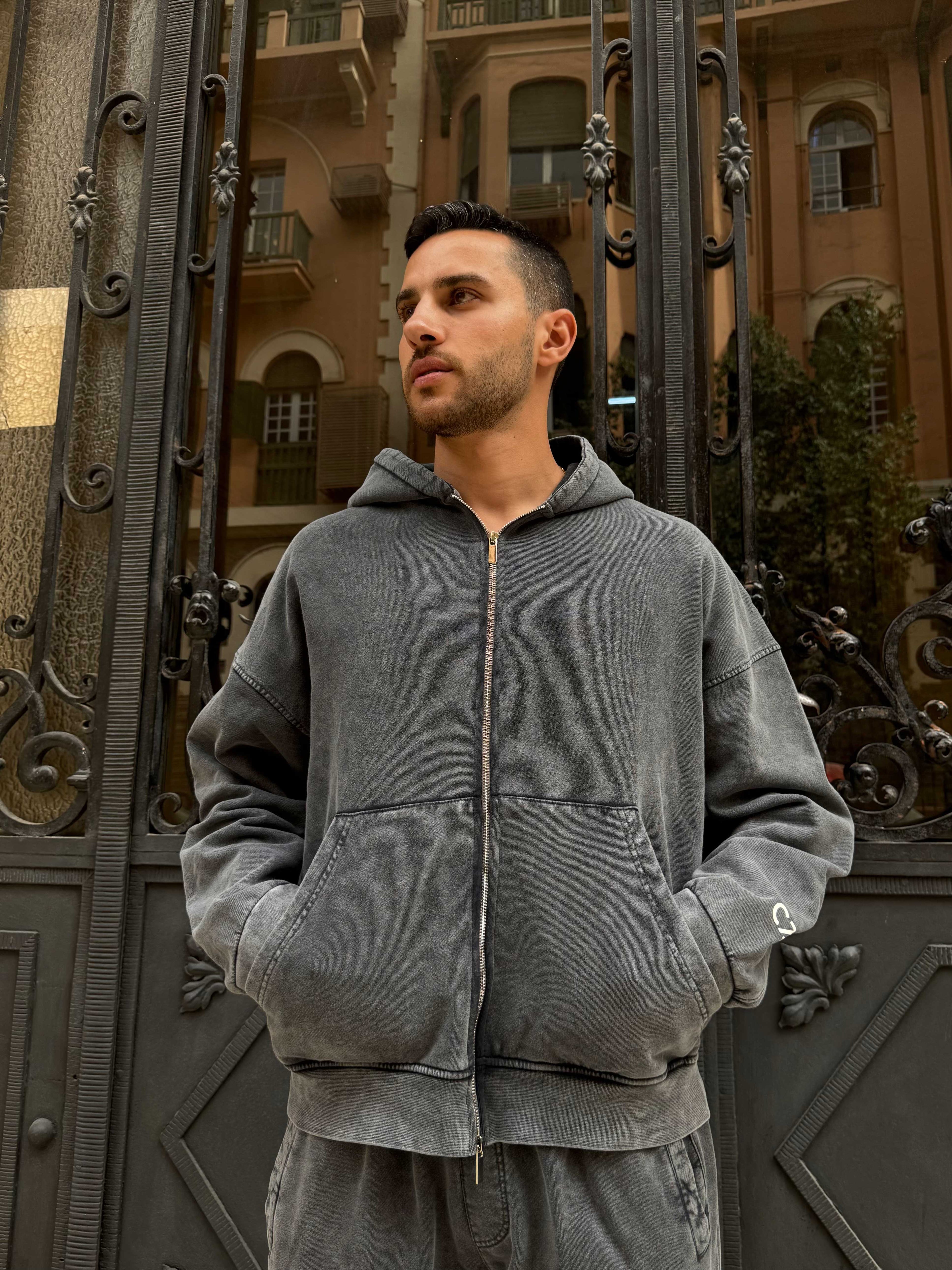 Hoodie – Relaxed Fit Washed Grey Zip-Up Sweat pant - Wide leg CIZARO - Cizaro Jeans