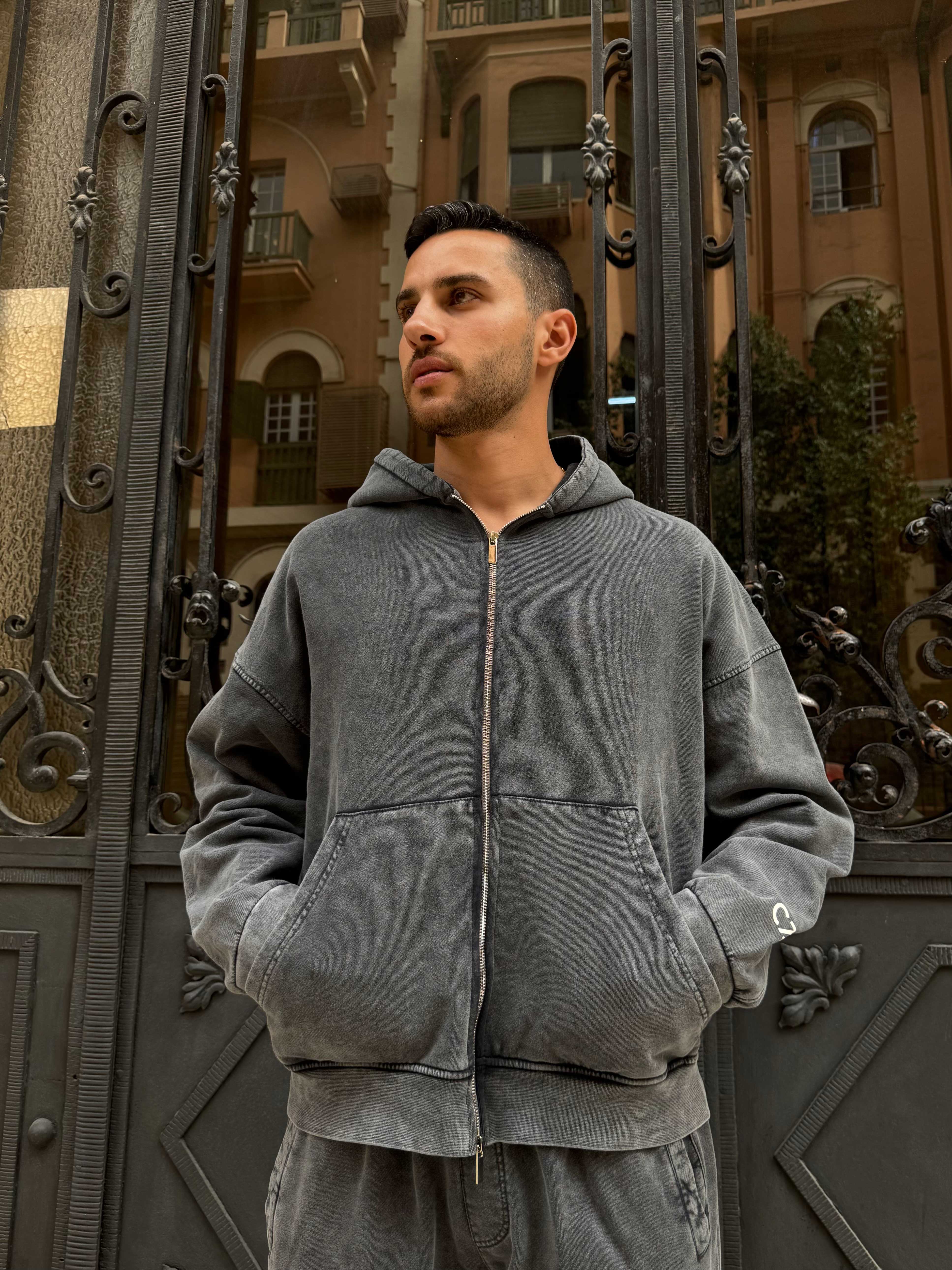 Hoodie – Relaxed Fit Washed Grey Zip-Up Sweat pant - Wide leg CIZARO - Cizaro Jeans