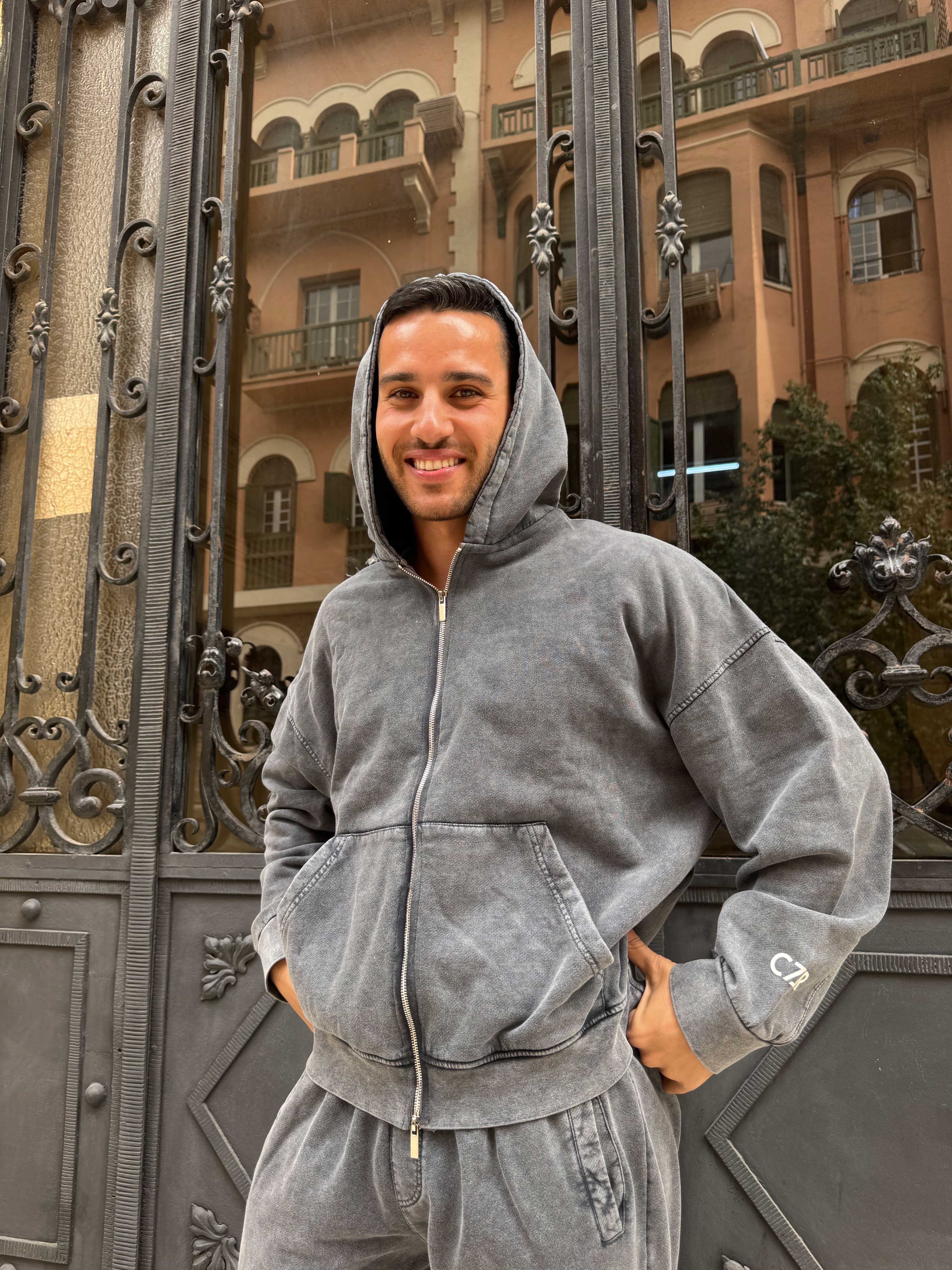 Hoodie – Relaxed Fit Washed Grey Zip-Up Sweat pant - Wide leg CIZARO - Cizaro Jeans