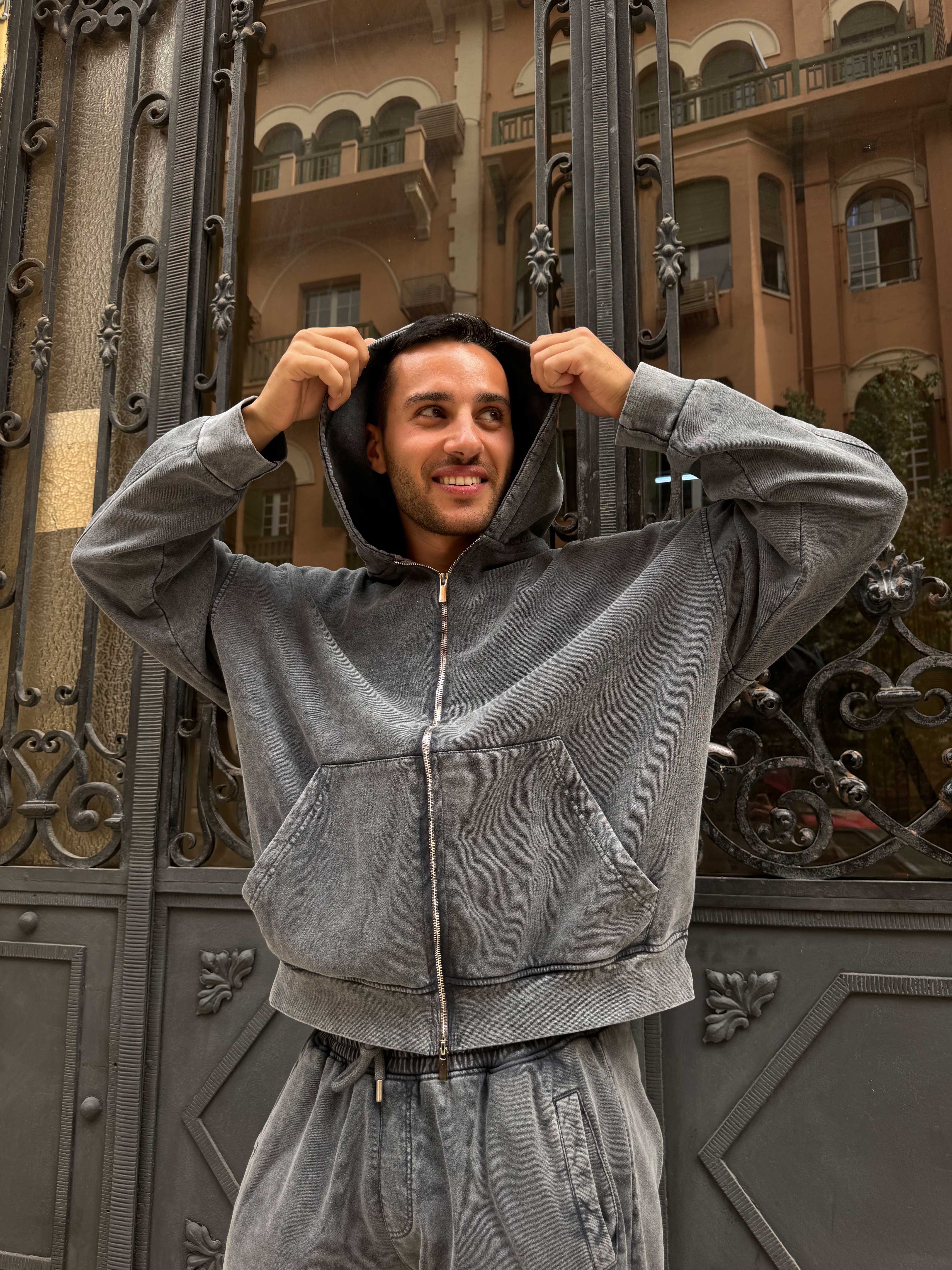 Hoodie – Relaxed Fit Washed Grey Zip-Up Sweat pant - Wide leg CIZARO - Cizaro Jeans
