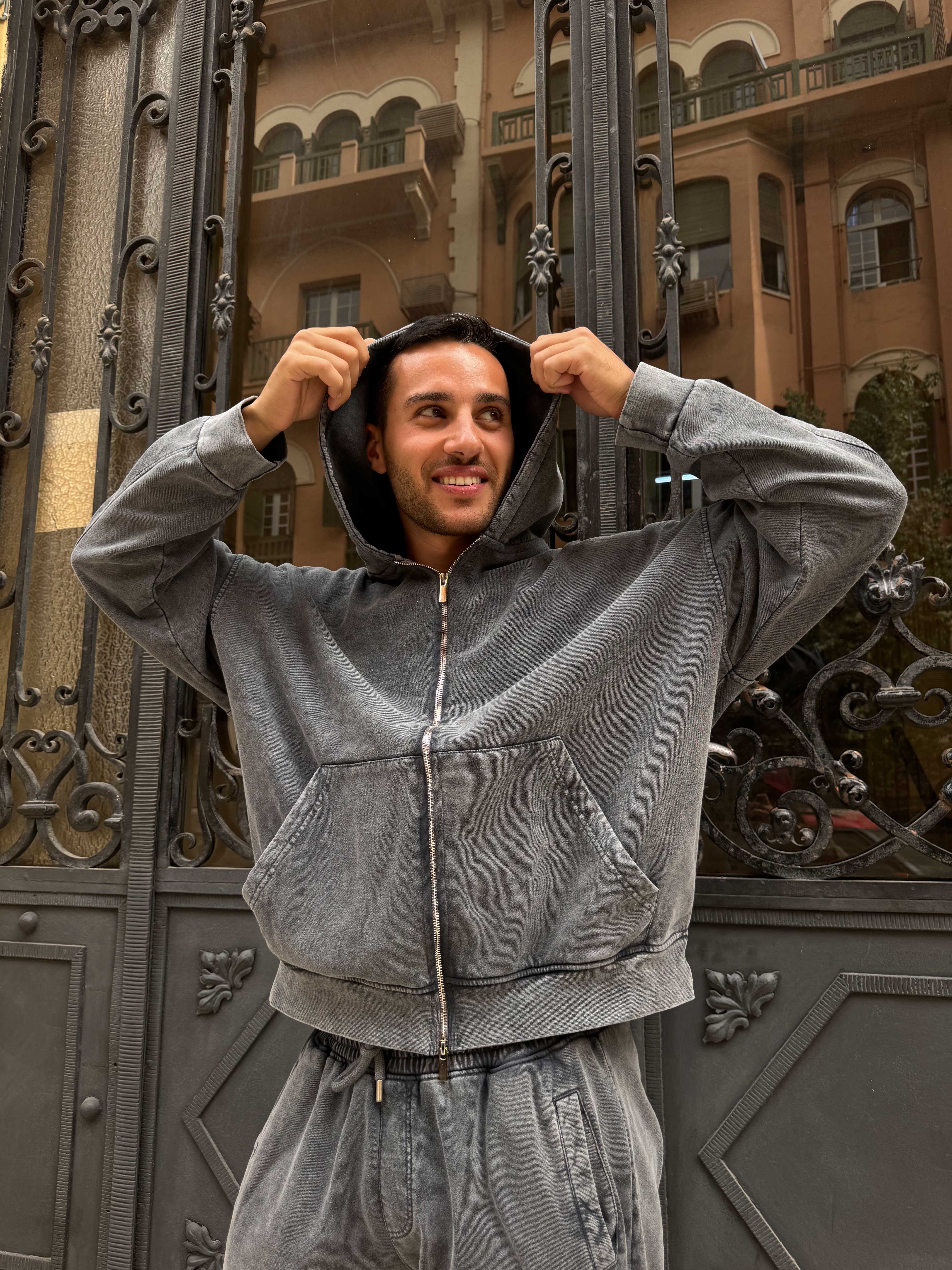 Hoodie – Relaxed Fit Washed Grey Zip-Up Sweat pant - Wide leg CIZARO - Cizaro Jeans