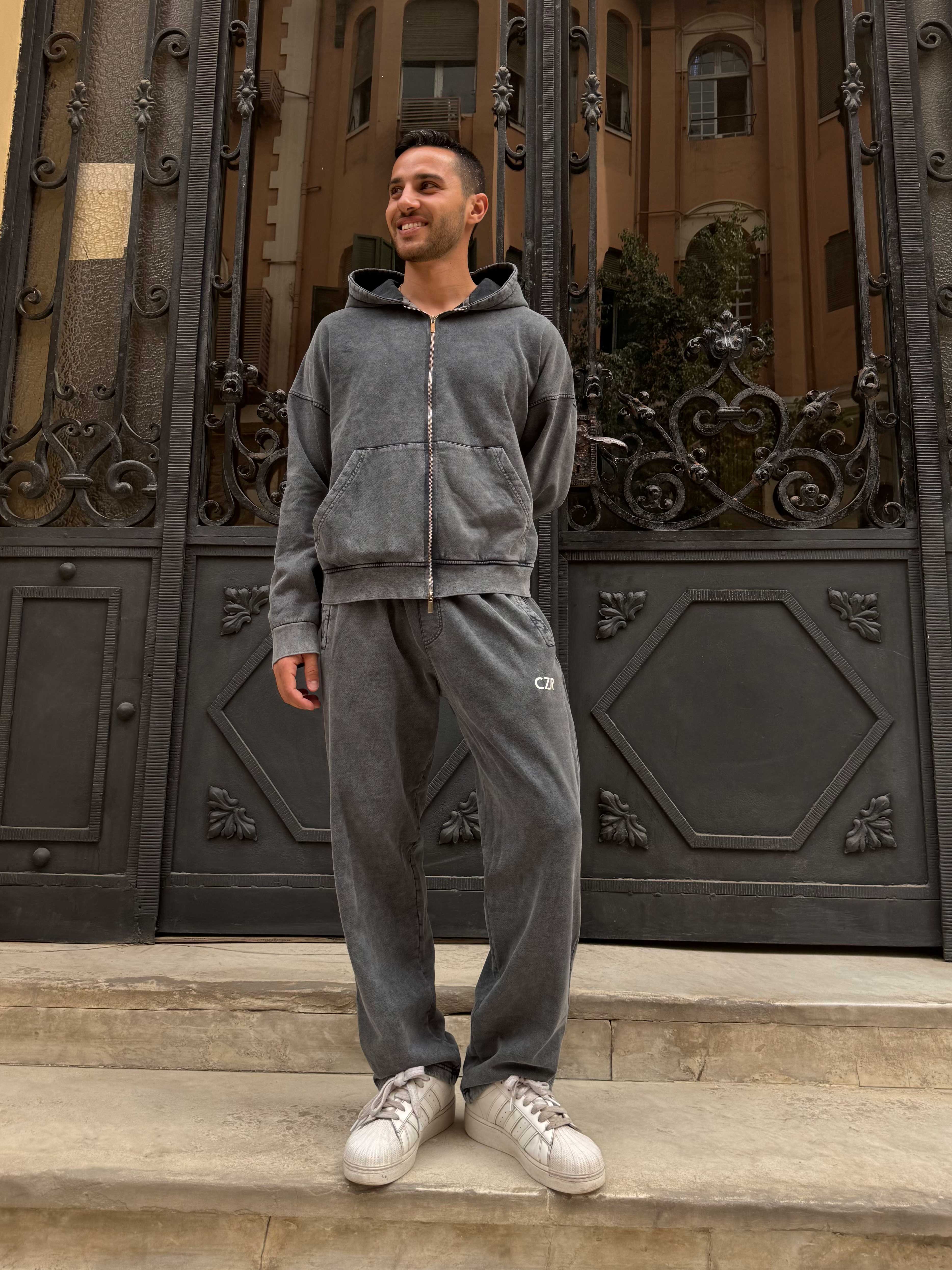 Hoodie – Relaxed Fit Washed Grey Zip-Up Sweat pant - Wide leg CIZARO - Cizaro Jeans