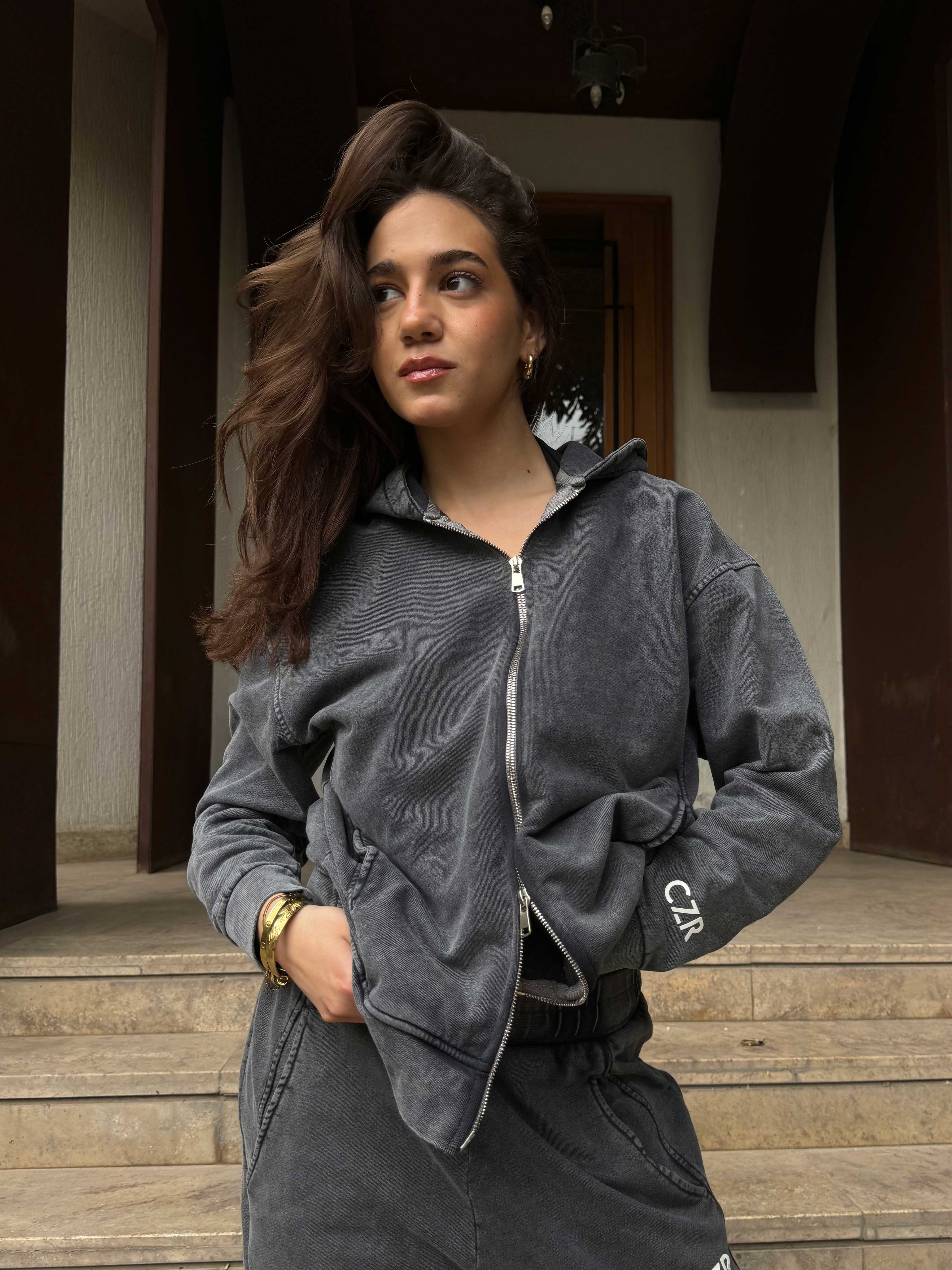 Hoodie – Relaxed Fit Washed Grey Zip-Up Hoodie CIZARO - Cizaro Jeans