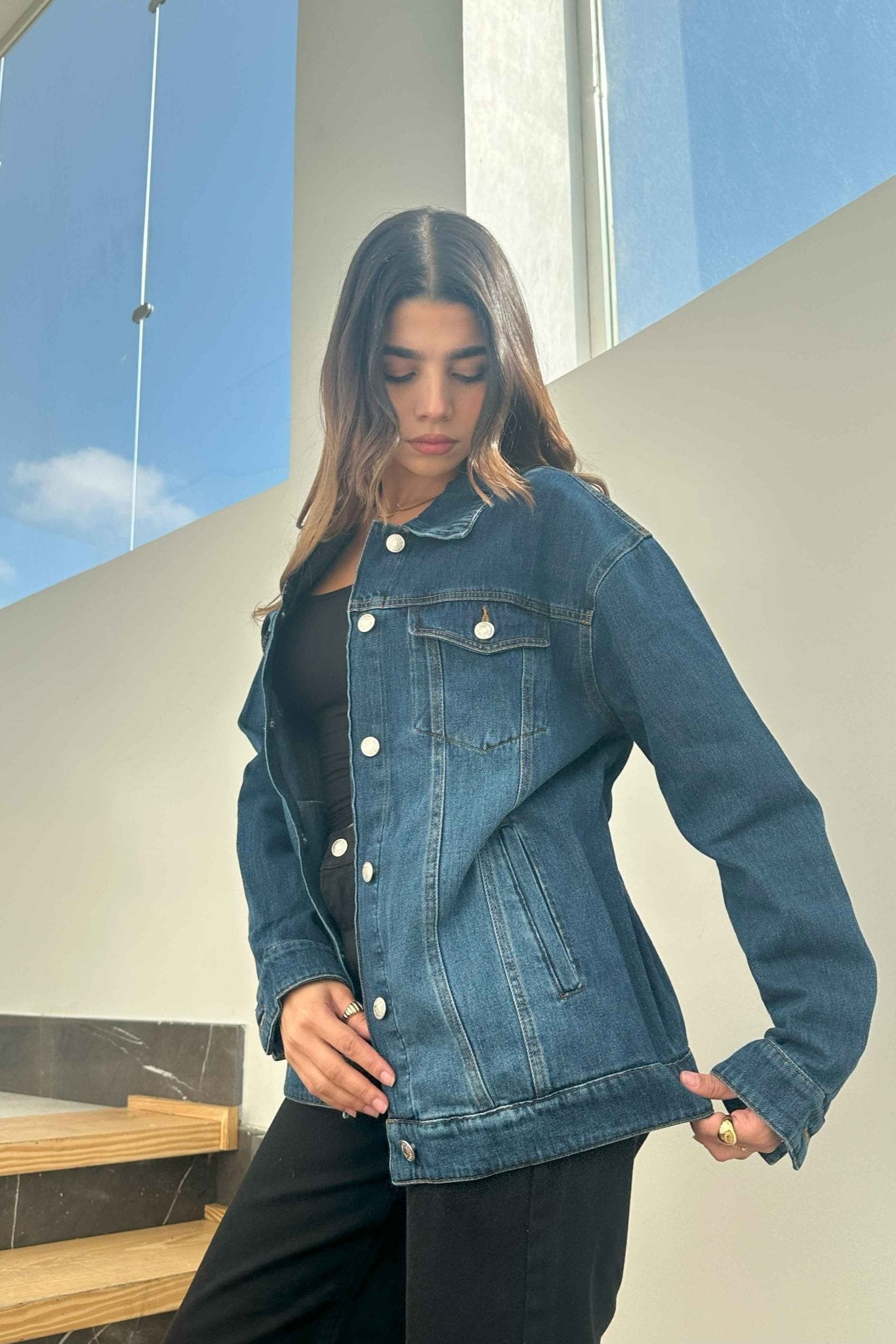 Oversized Denim Jacket - Dark Blue Wash Straight Fit. Denim Jacket CIZARO - Cizaro Jeans