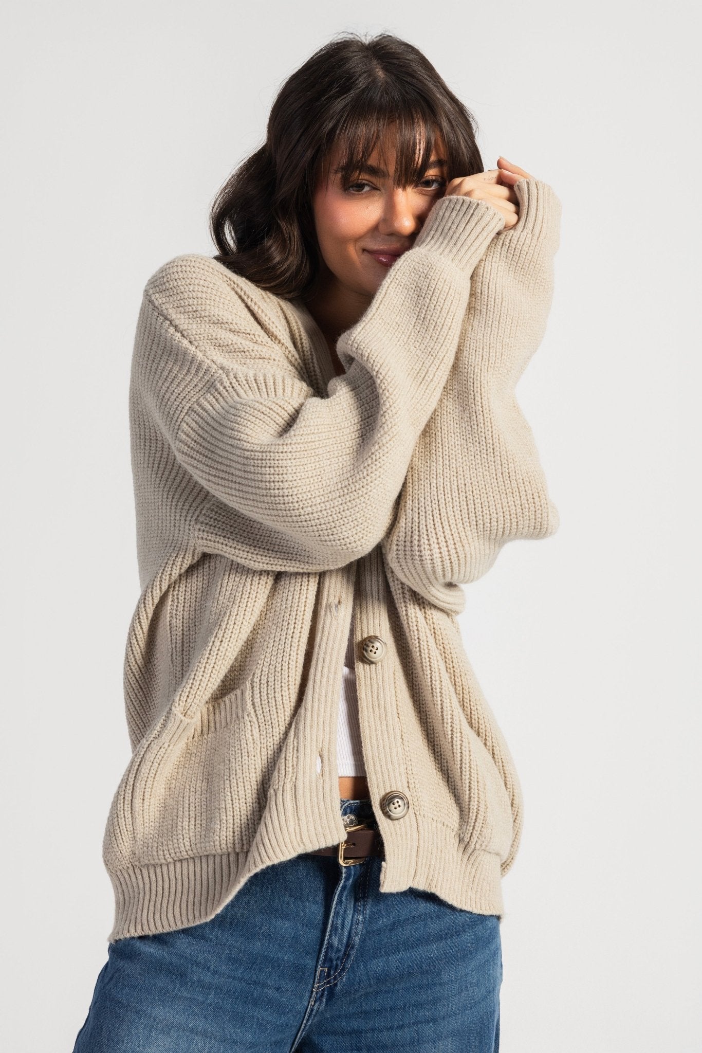 Knit Cardigan – Chunky Relaxed Beige Cardigan CIZARO - Cizaro Jeans