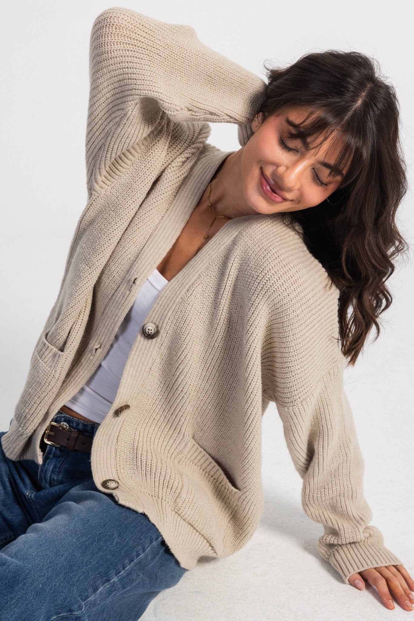 Knit Cardigan – Chunky Relaxed Beige Cardigan CIZARO - Cizaro Jeans