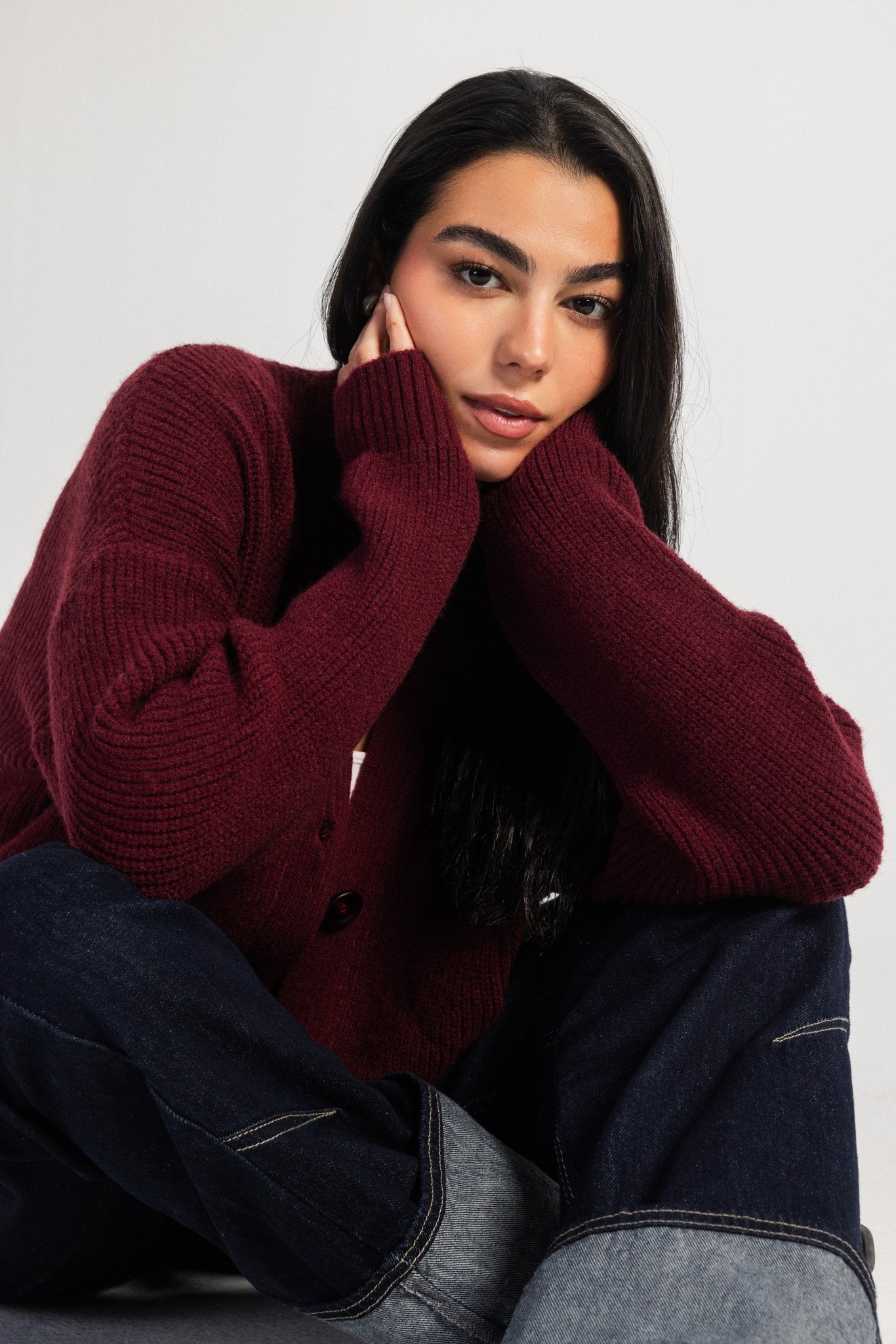 Knit Cardigan – Chunky Relaxed Burgundy Cardigan CIZARO - Cizaro Jeans