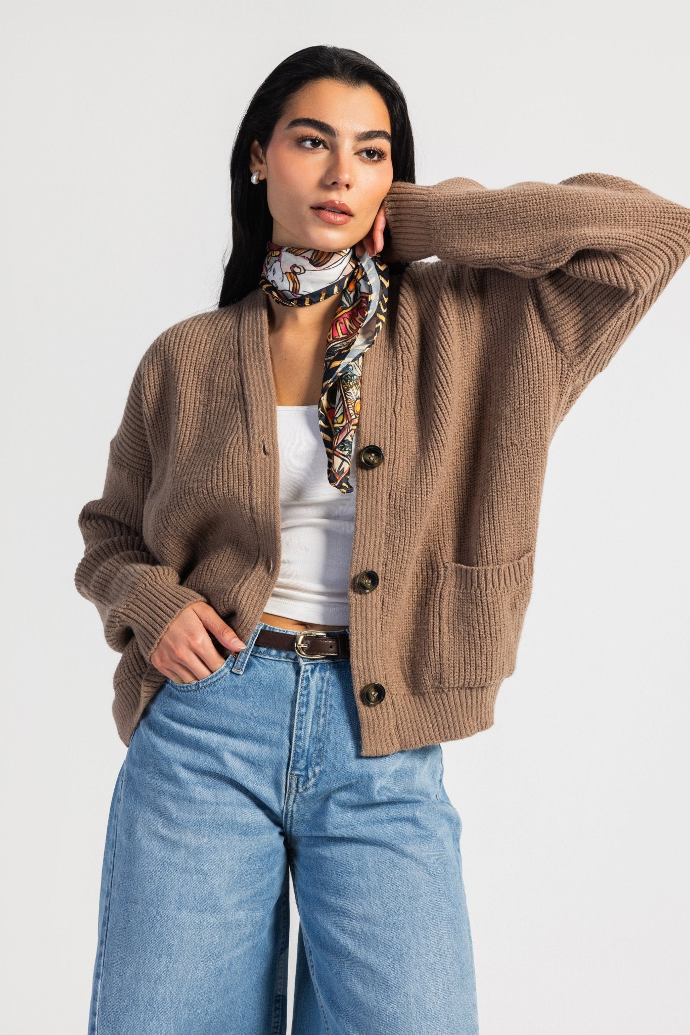 Knit Cardigan – Chunky Relaxed Soft Brown Cardigan CIZARO - Cizaro Jeans