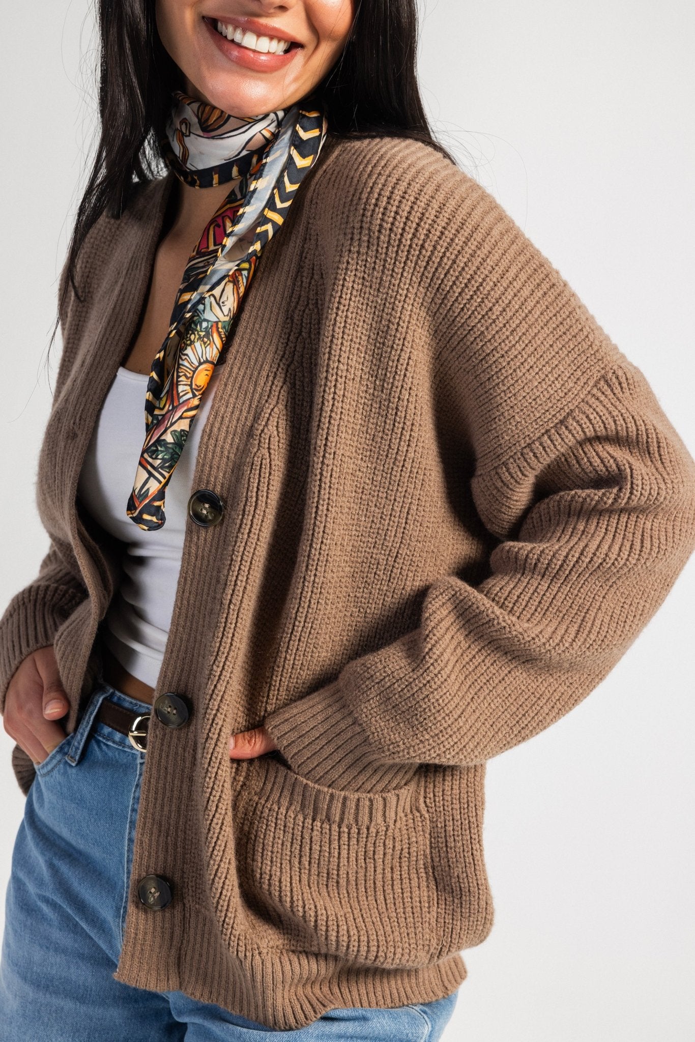 Knit Cardigan – Chunky Relaxed Soft Brown Cardigan CIZARO - Cizaro Jeans