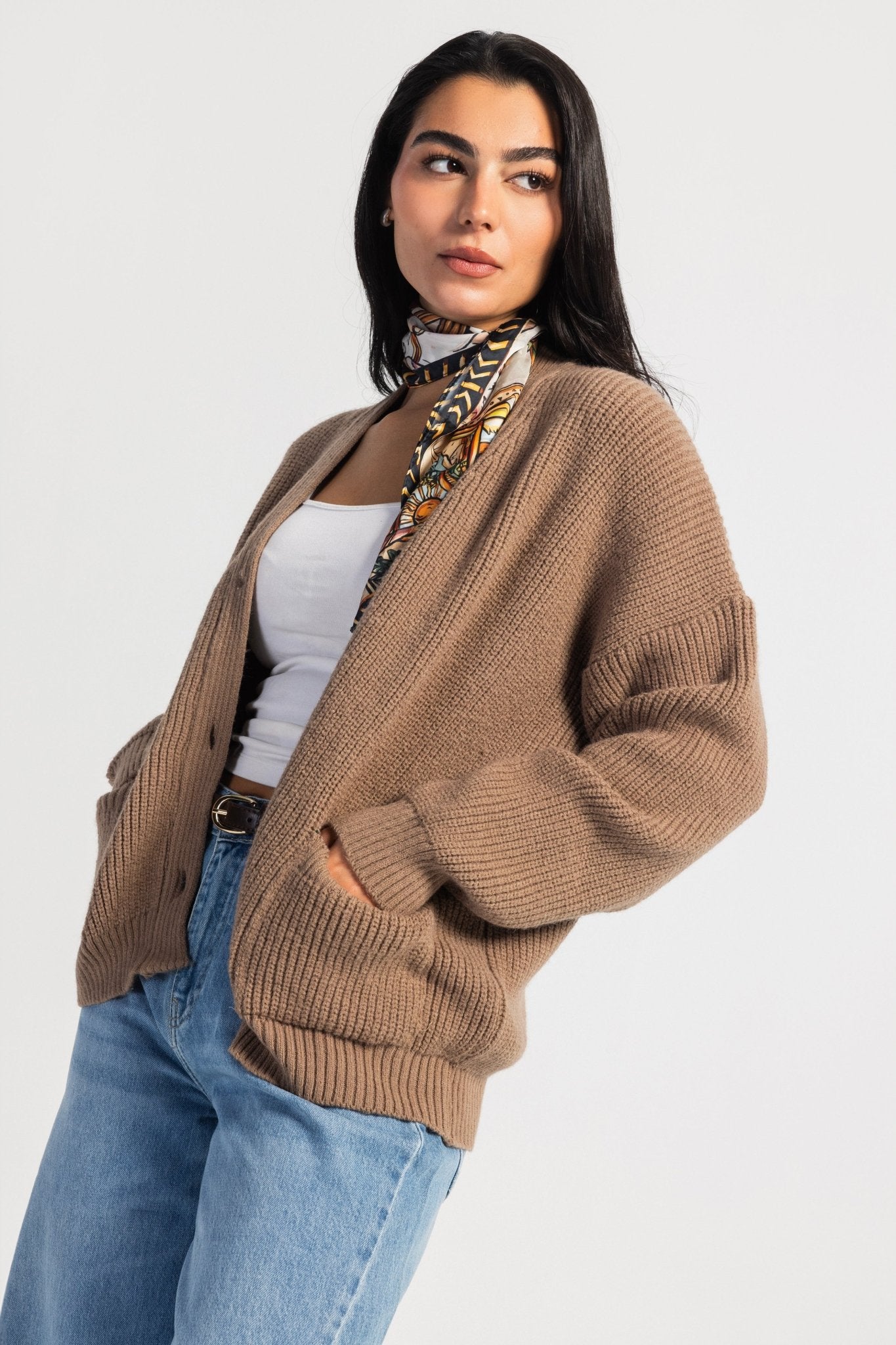 Knit Cardigan – Chunky Relaxed Soft Brown Cardigan CIZARO - Cizaro Jeans