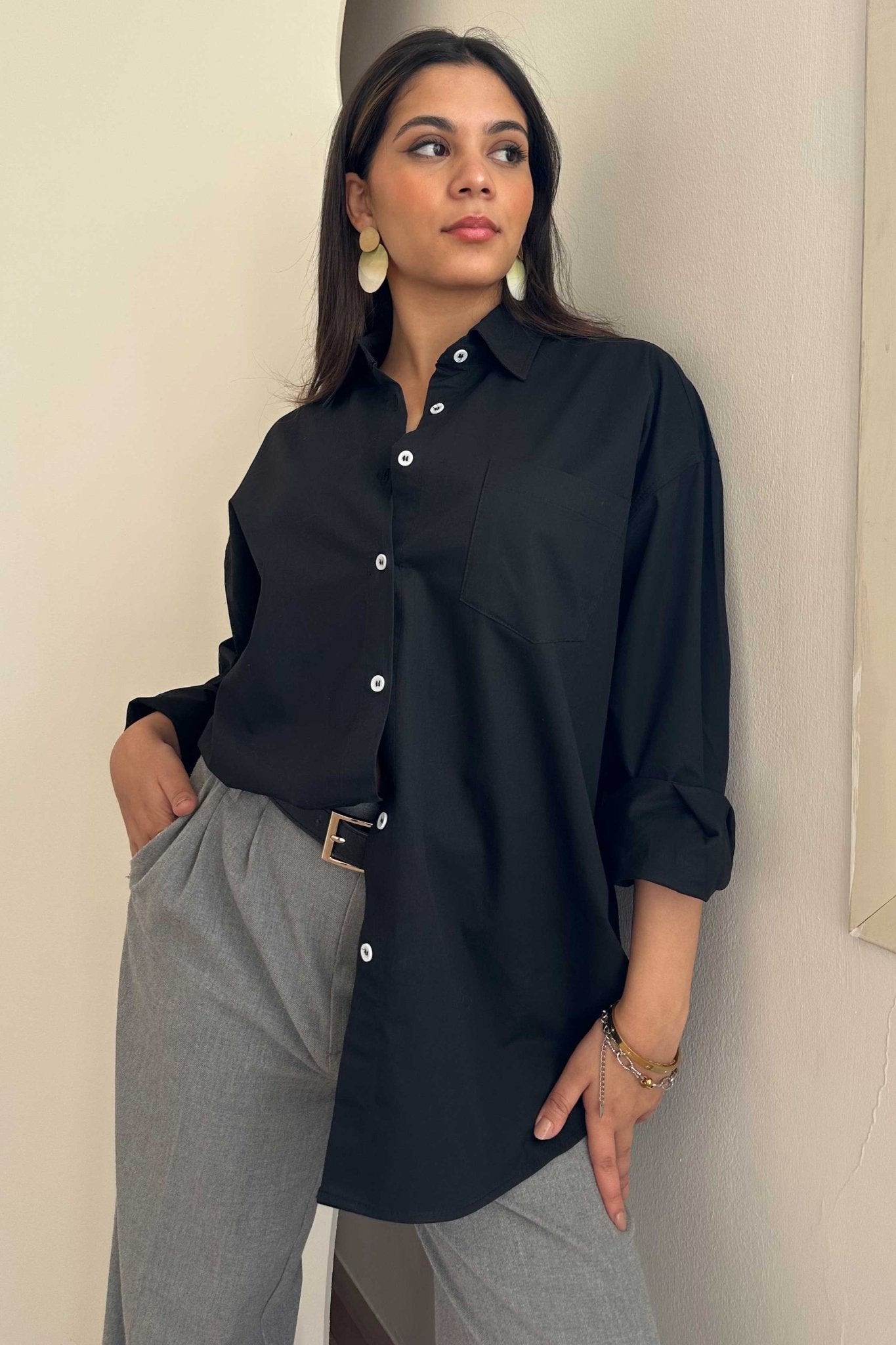Oversized - Black Button-Down Shirt Shirt CIZNEW - Cizaro Jeans