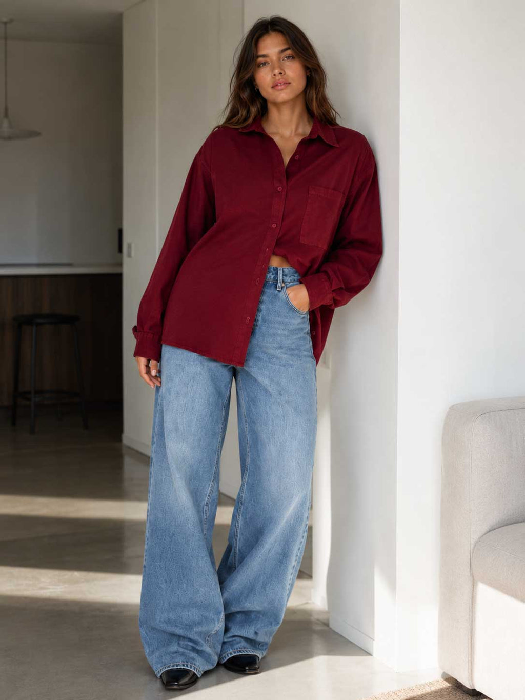 Burgundy Oversized Shirt – Linen Effect