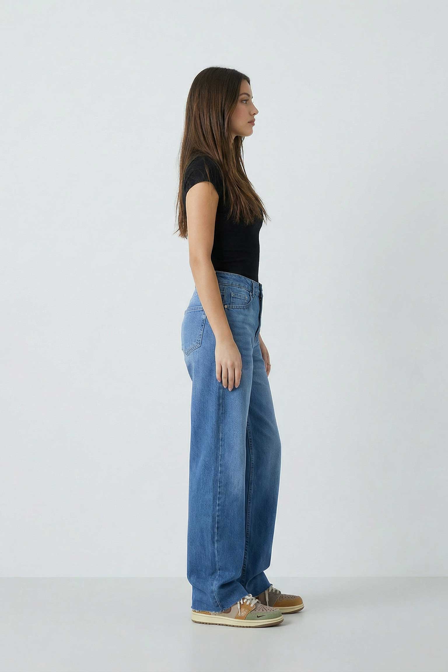 Straight – Mid-Waist Ocean Blue Raw Hem Jeans Straight CIZARO - Cizaro Jeans
