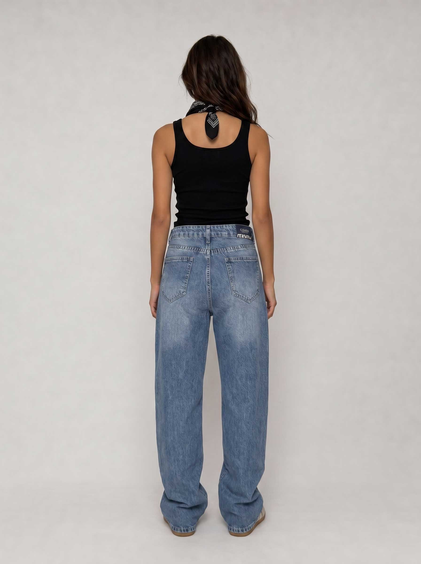 High waisted mid washed blue straight jeans straight CIZARO - Cizaro Jeans
