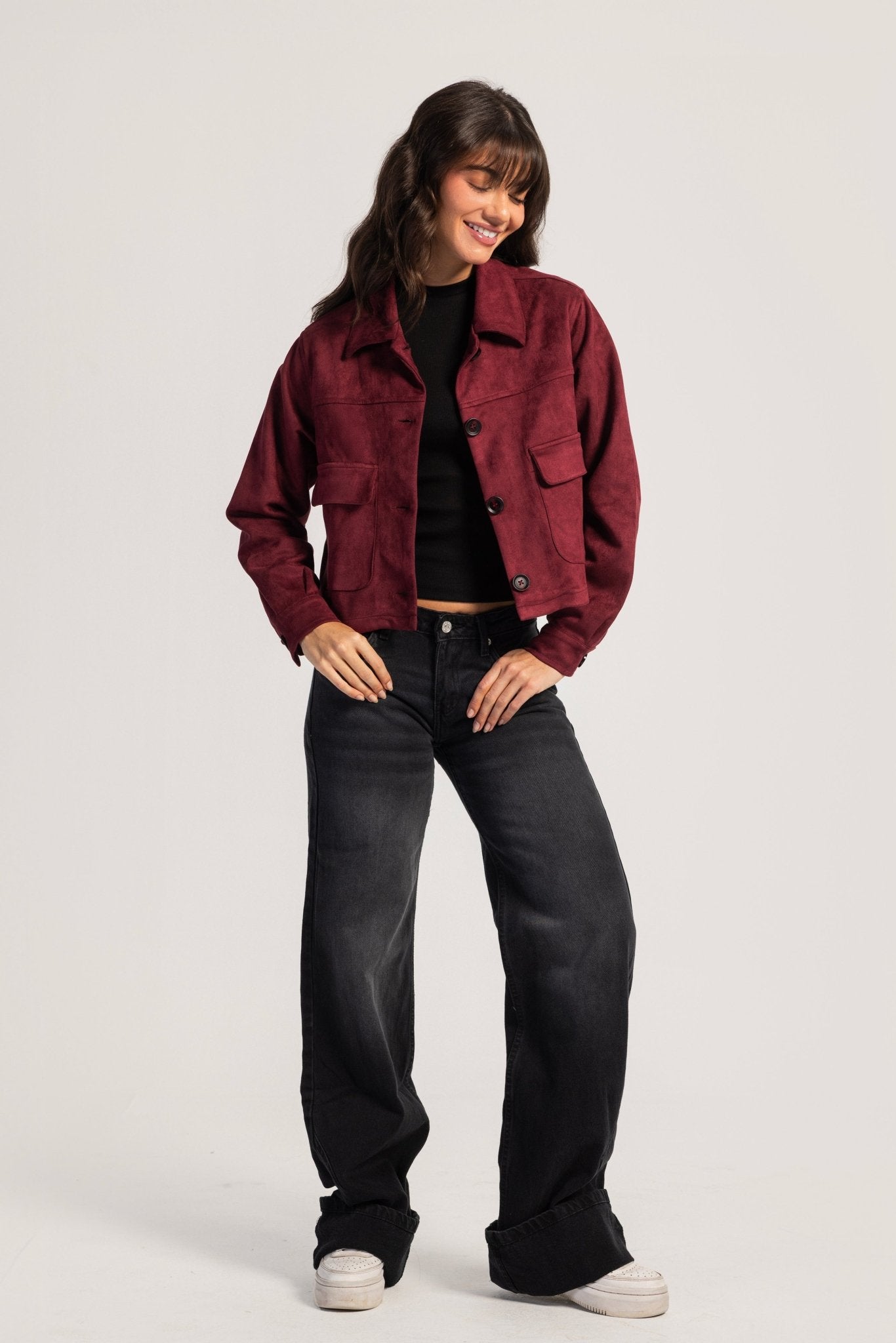Cropped Suede Jacket – Burgundy Jacket CIZARO - Cizaro Jeans